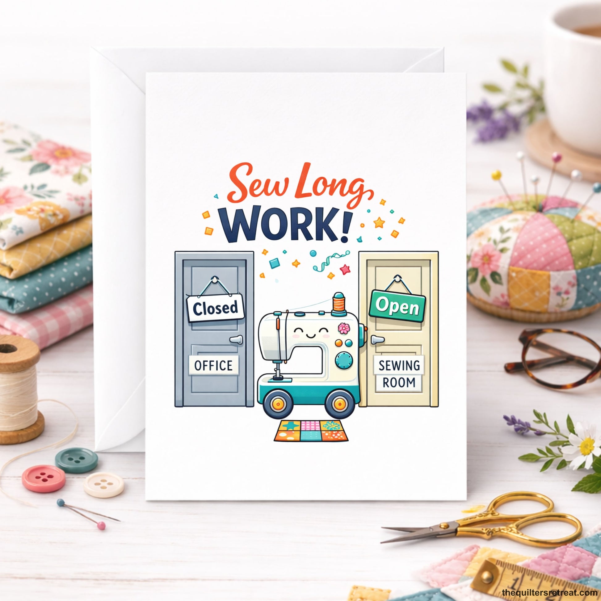 Quilter Gift: A Bright White Greeting Card with Cheerful sewing machine between office and sewing room doors, text: "Sew Long, Work!"