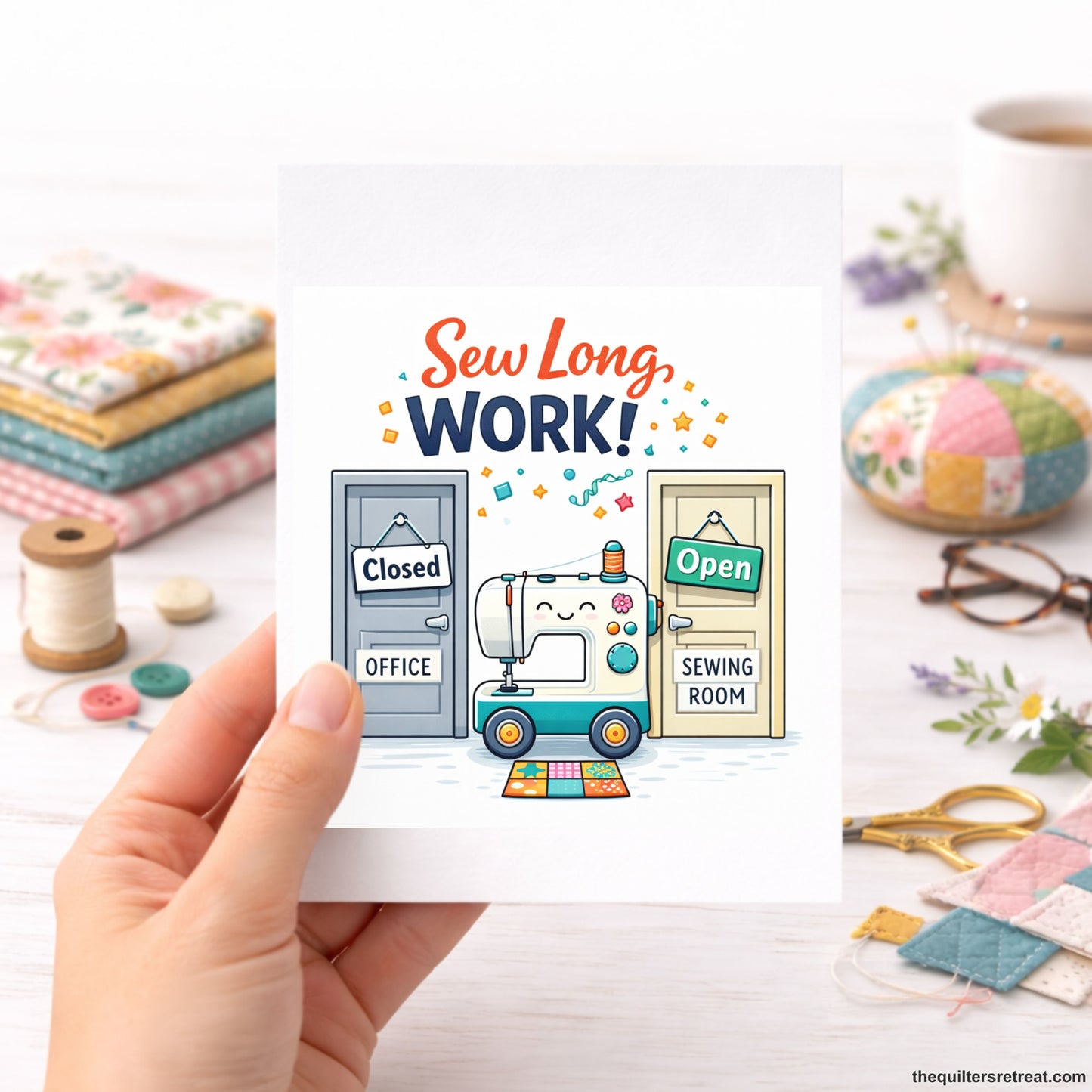 Quilter Gift: A  Greeting Card with Cheerful sewing machine between office and sewing room doors, text: "Sew Long, Work!"