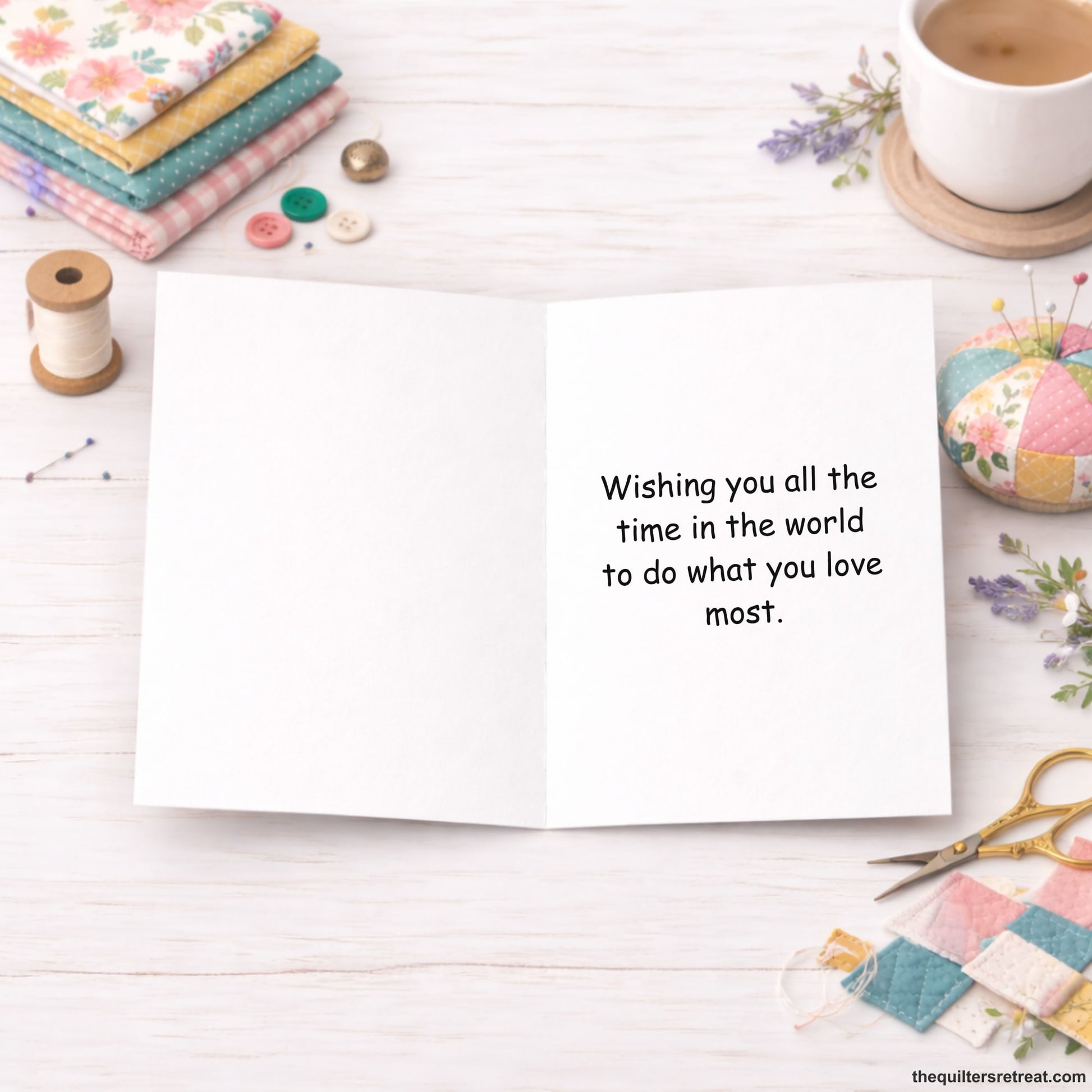 Quilter Gift: A  Greeting Card with Cheerful sewing machine between office and sewing room doors, text: "Sew Long, Work!"