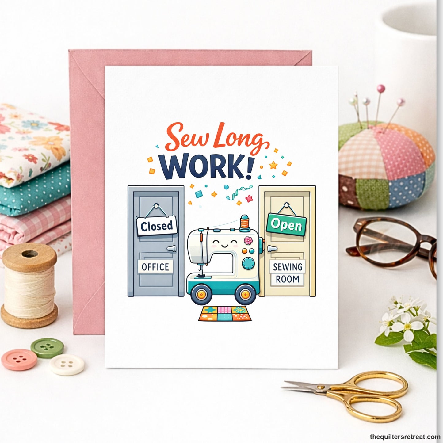 Quilter Gift: A Shiny Pink Greeting Card with Cheerful sewing machine between office and sewing room doors, text: "Sew Long, Work!"
