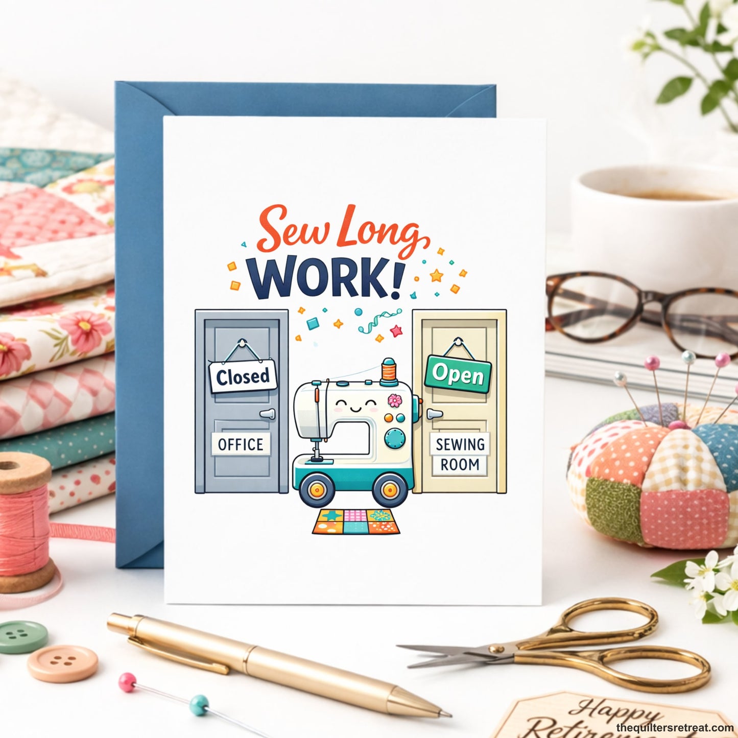 Quilter Gift: A Dusty Blue Greeting Card with Cheerful sewing machine between office and sewing room doors, text: "Sew Long, Work!"