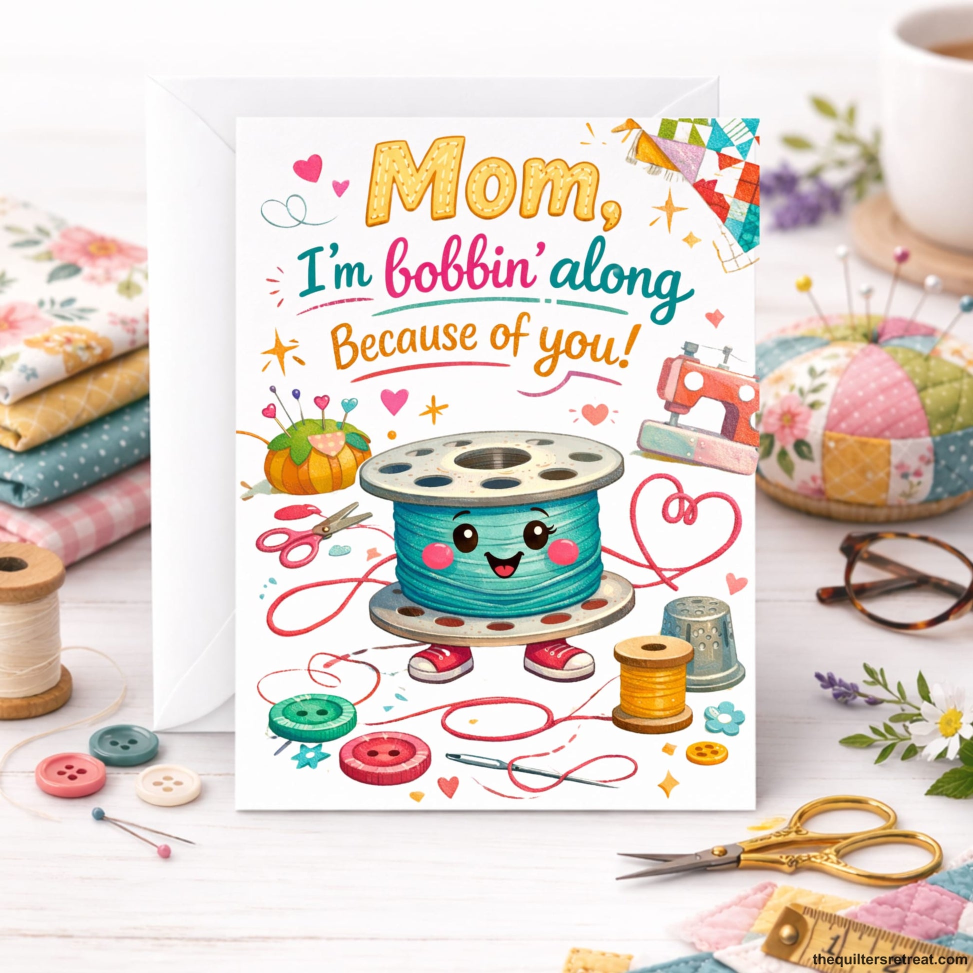 Quilter Gift: A Greeting Card with Cute sewing-themed design with smiling spool and buttons, featuring phrases "Mom, I'm bobbin' along because of you."