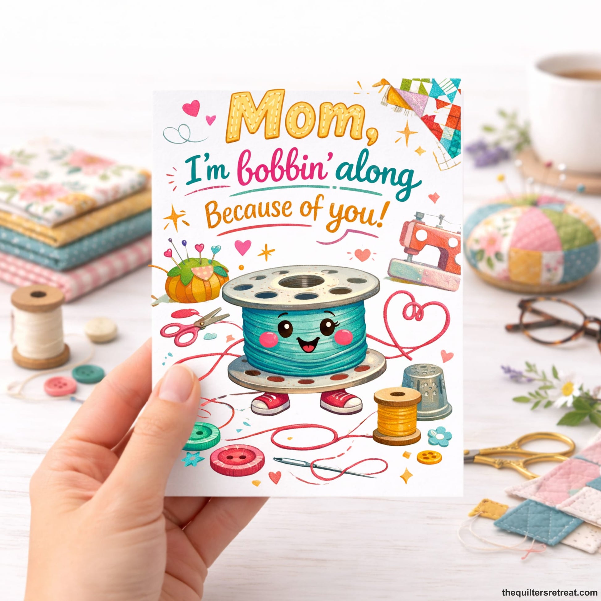 Quilter Gift: A Greeting Card with Cute sewing-themed design with smiling spool and buttons, featuring phrases "Mom, I'm bobbin' along because of you."