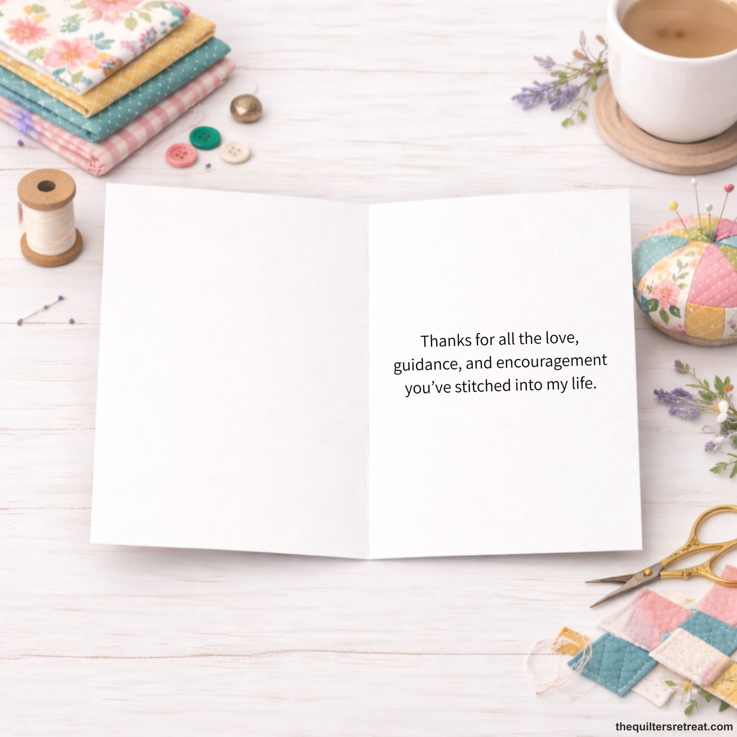Quilter Gift: A Greeting Card with Cute sewing-themed design with smiling spool and buttons, featuring phrases "Mom, I'm bobbin' along because of you."