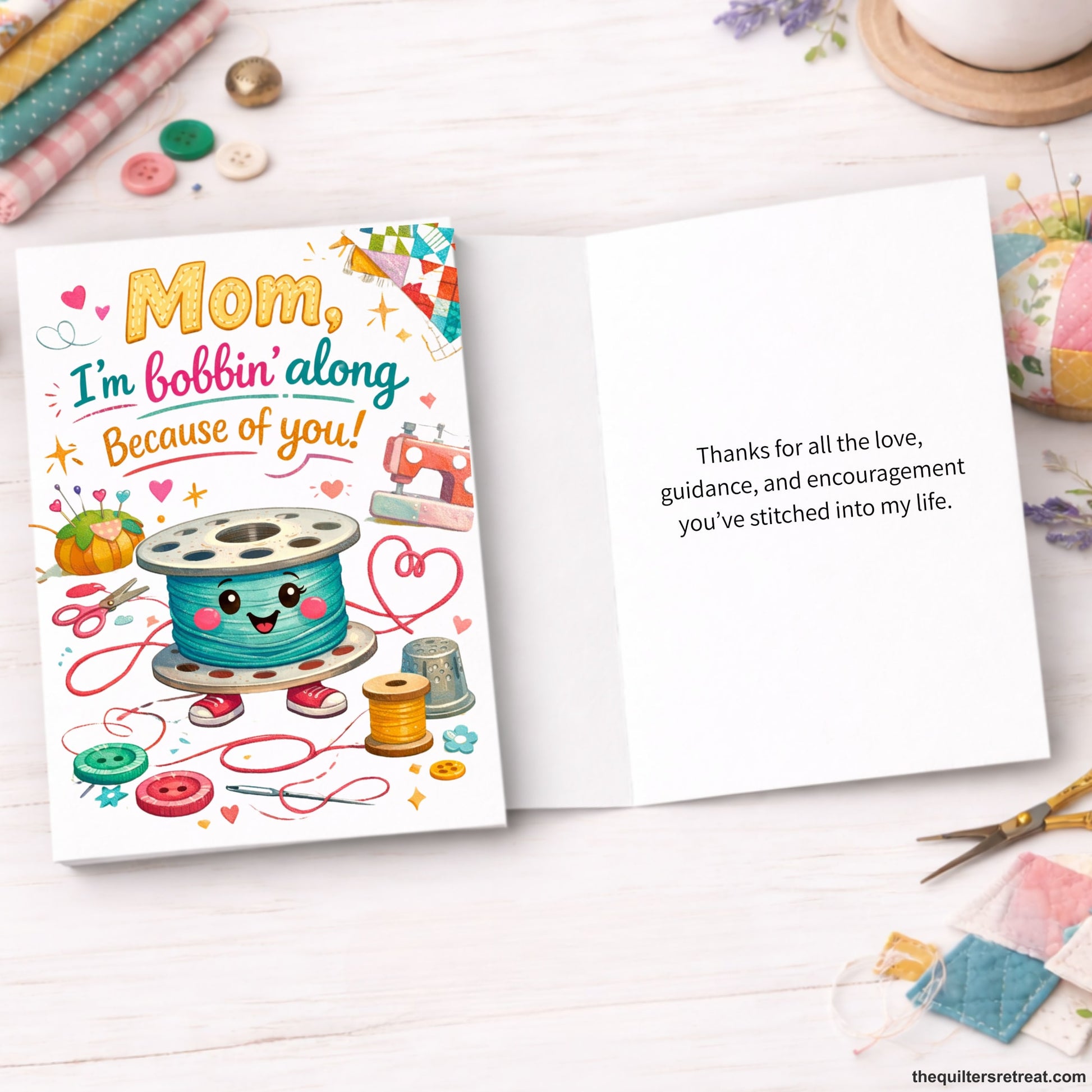Quilter Gift: A Greeting Card with Cute sewing-themed design with smiling spool and buttons, featuring phrases "Mom, I'm bobbin' along because of you."