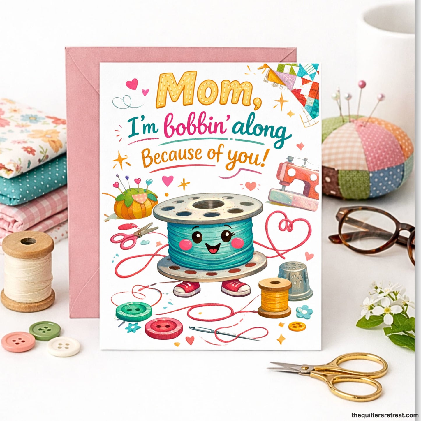 Quilter Gift: A Greeting Card with Cute sewing-themed design with smiling spool and buttons, featuring phrases "Mom, I'm bobbin' along because of you."