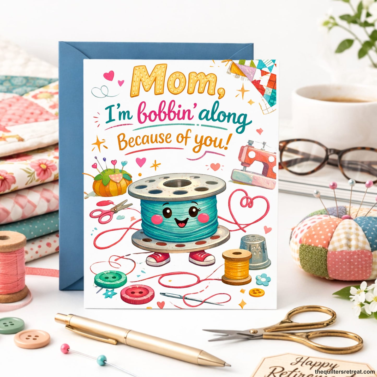 Quilter Gift: A Greeting Card with Cute sewing-themed design with smiling spool and buttons, featuring phrases "Mom, I'm bobbin' along because of you."