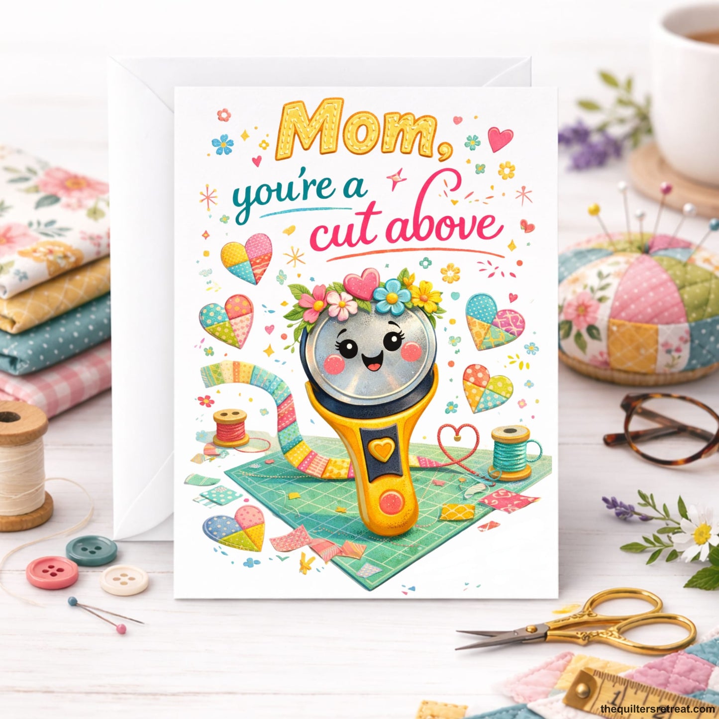 Quilter Gift: A Greeting Card with Cute rotary cutter with colorful quilt pieces, "Mom, you're a cut above" text, cheerful style.