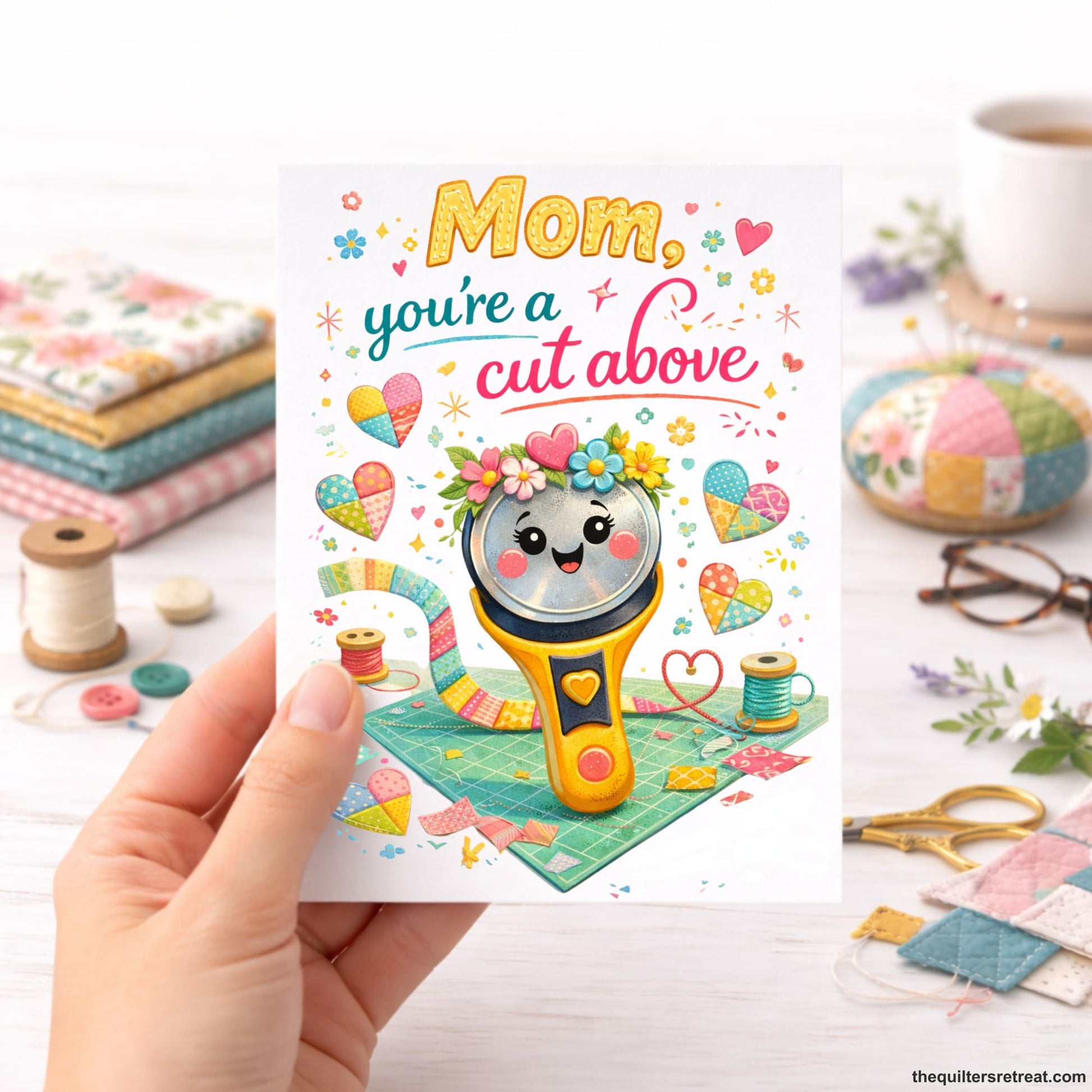 Quilter Gift: A Greeting Card with Cute rotary cutter with colorful quilt pieces, "Mom, you're a cut above" text, cheerful style.