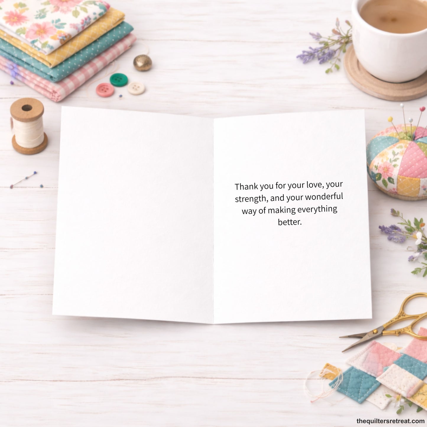 Quilter Gift: A Greeting Card with Cute rotary cutter with colorful quilt pieces, "Mom, you're a cut above" text, cheerful style.