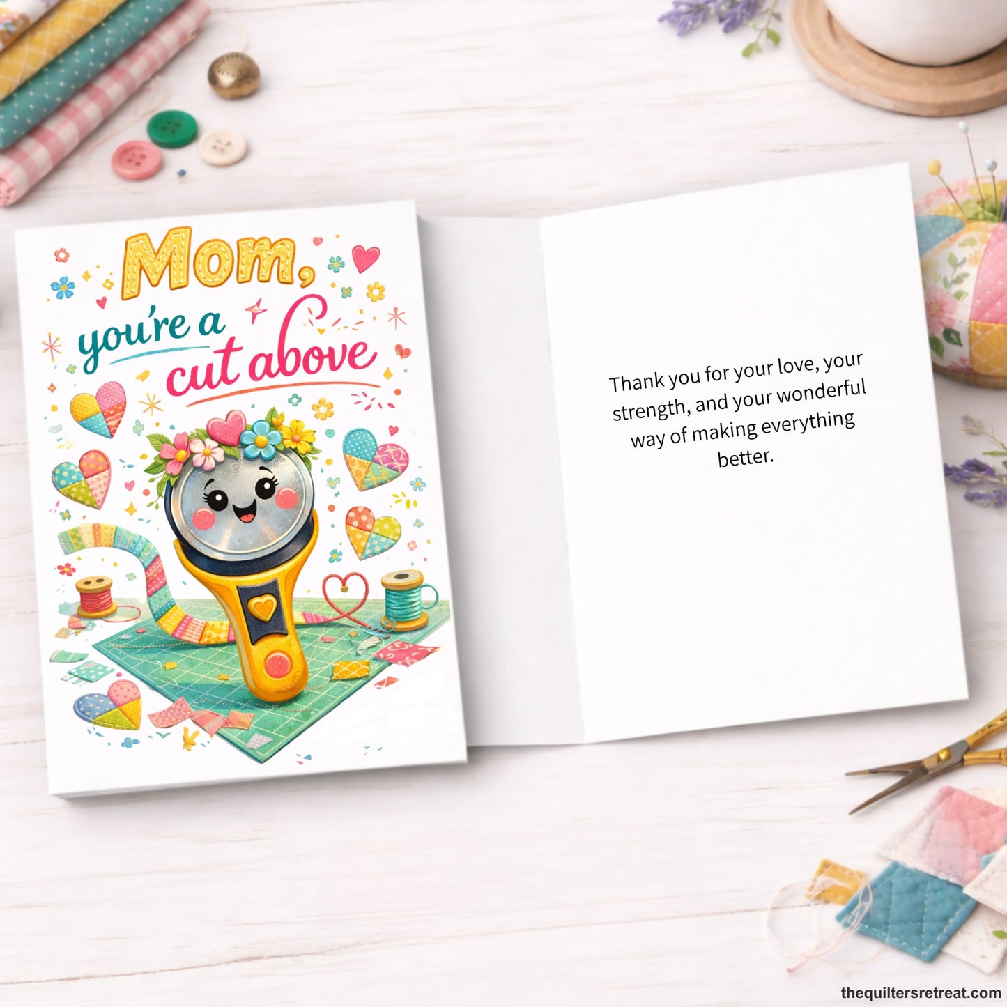 Quilter Gift: A Greeting Card with Cute rotary cutter with colorful quilt pieces, "Mom, you're a cut above" text, cheerful style.