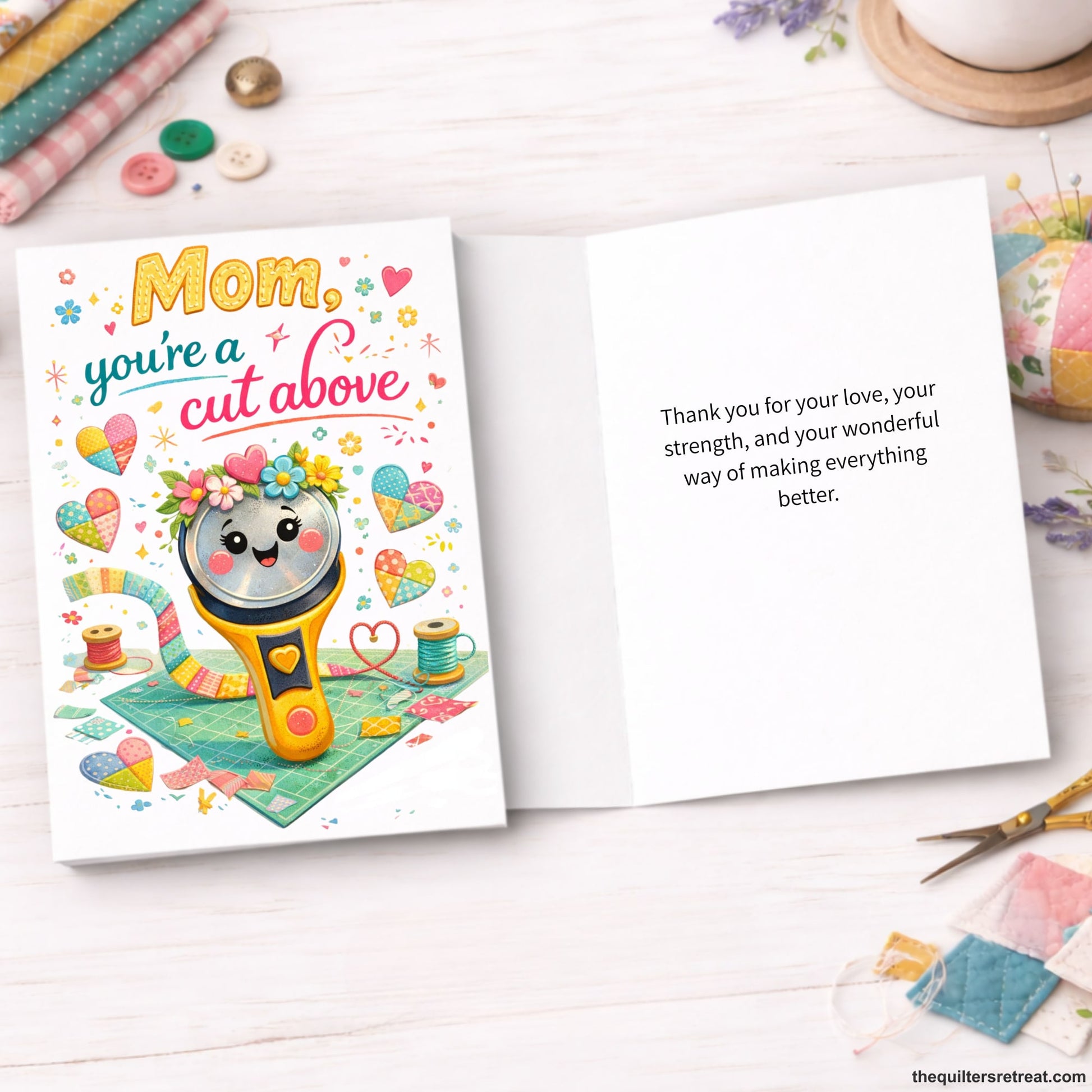 Quilter Gift: A Greeting Card with Cute rotary cutter with colorful quilt pieces, "Mom, you're a cut above" text, cheerful style.