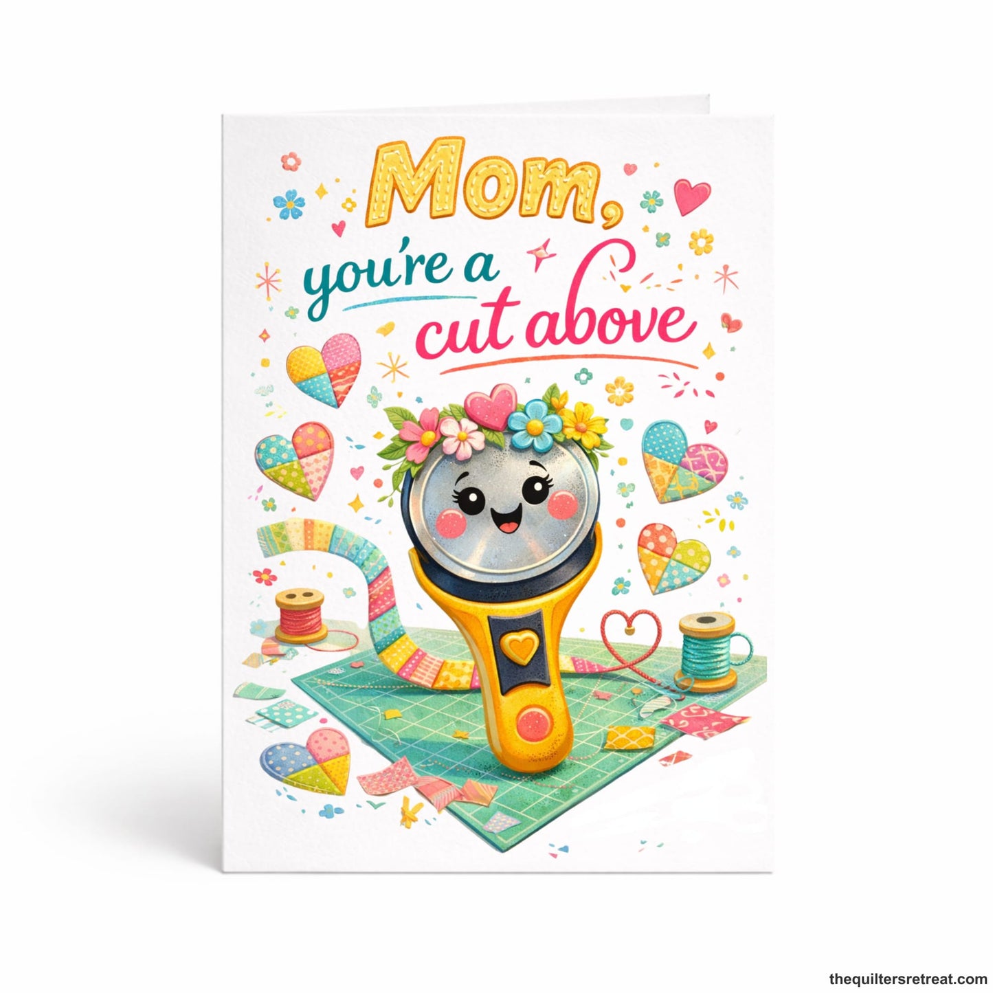 Quilter Gift: A Greeting Card with Cute rotary cutter with colorful quilt pieces, "Mom, you're a cut above" text, cheerful style.