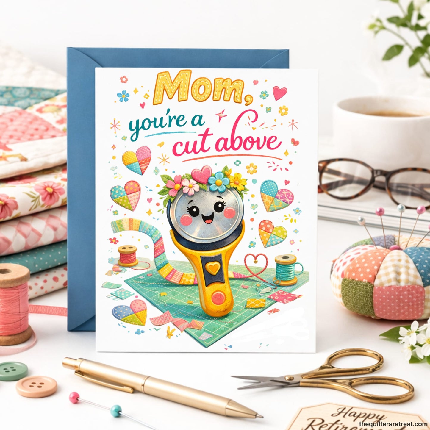 Quilter Gift: A Greeting Card with Cute rotary cutter with colorful quilt pieces, "Mom, you're a cut above" text, cheerful style.