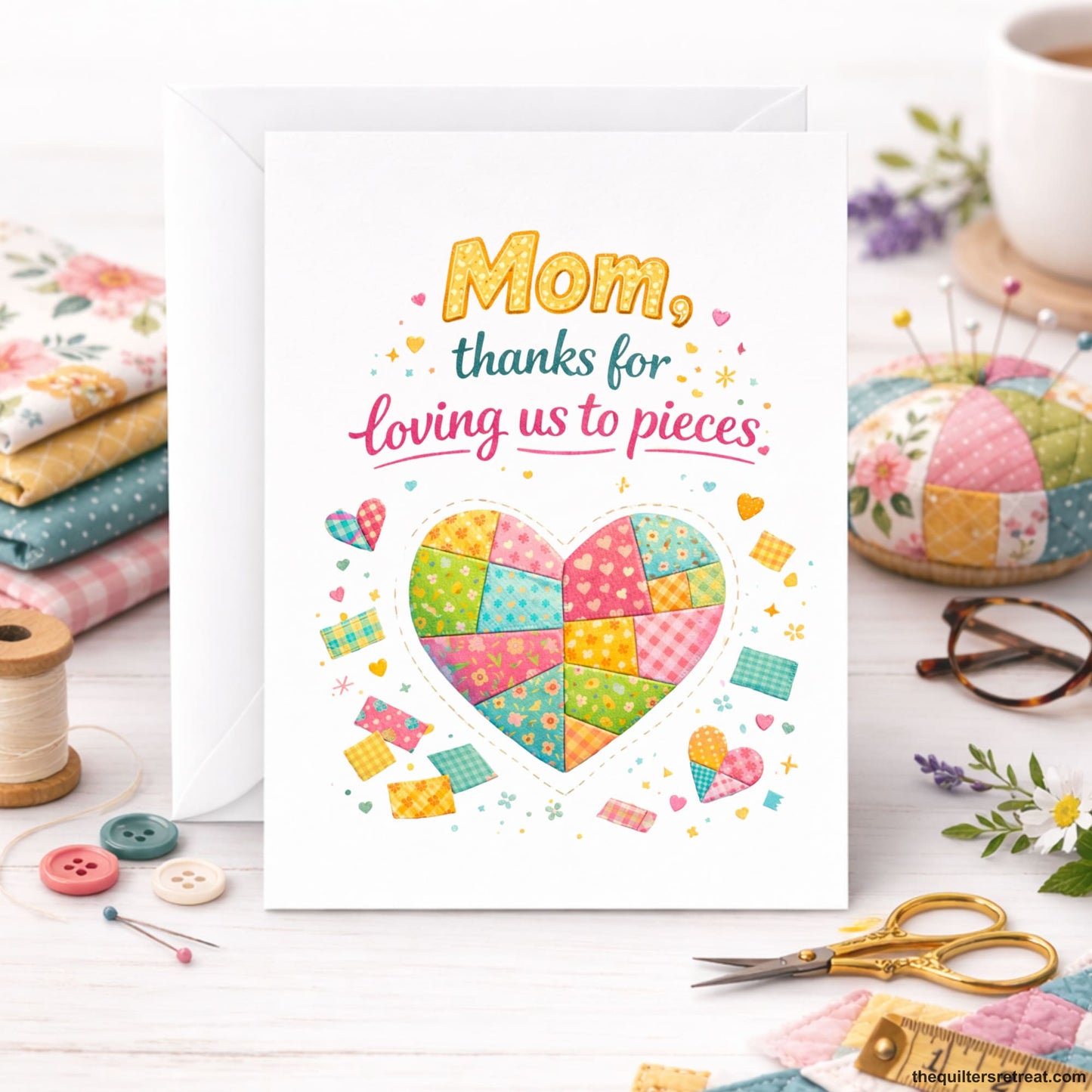 Quilter Gift: A Mother's Day Card with Patchwork heart and colorful text, playful and heartfelt, "Mom, thanks for loving us to pieces."