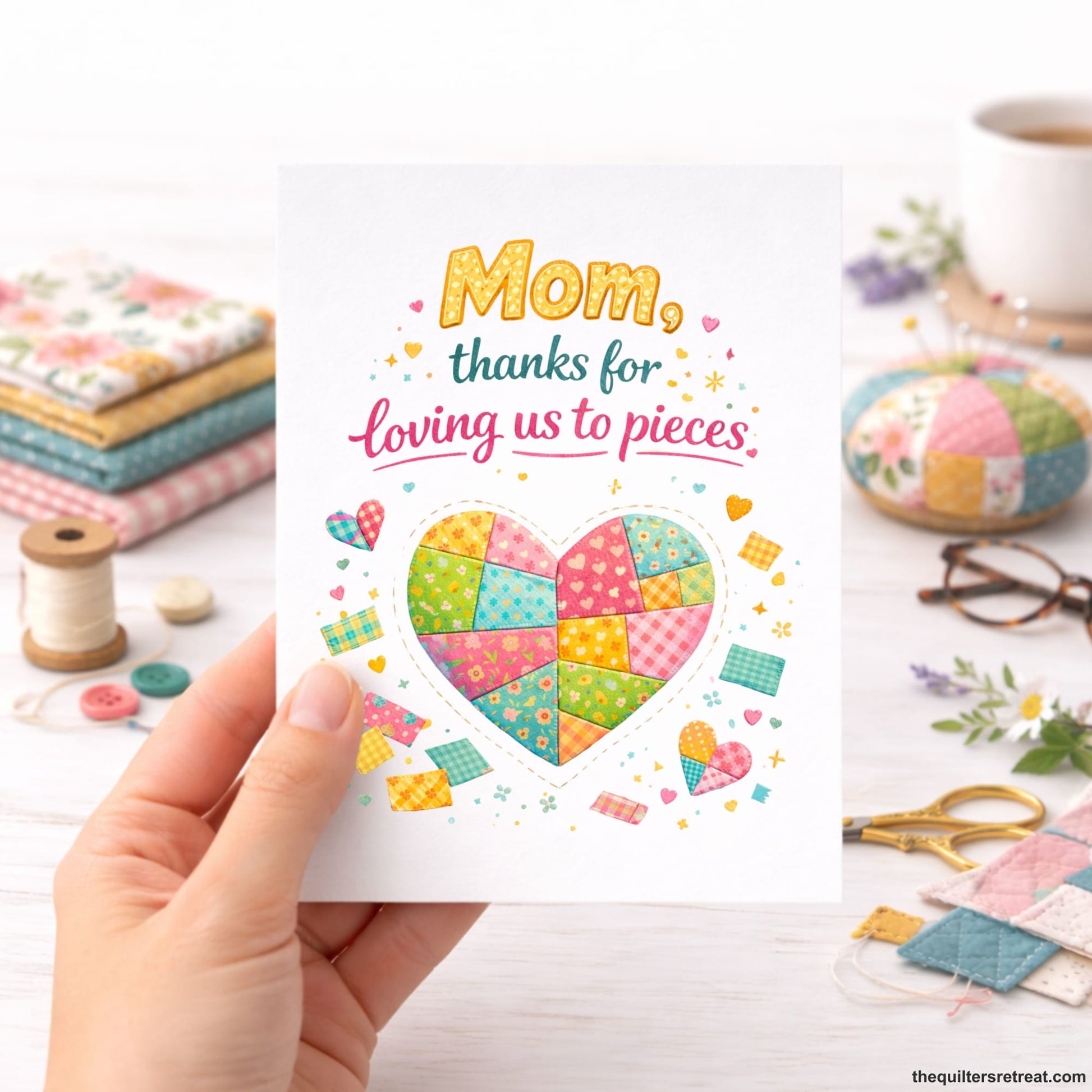 Quilter Gift: A Mother's Day Card with Patchwork heart and colorful text, playful and heartfelt, "Mom, thanks for loving us to pieces."