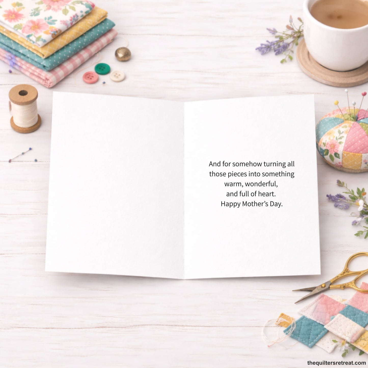 Quilter Gift: A Mother's Day Card with Patchwork heart and colorful text, playful and heartfelt, "Mom, thanks for loving us to pieces."