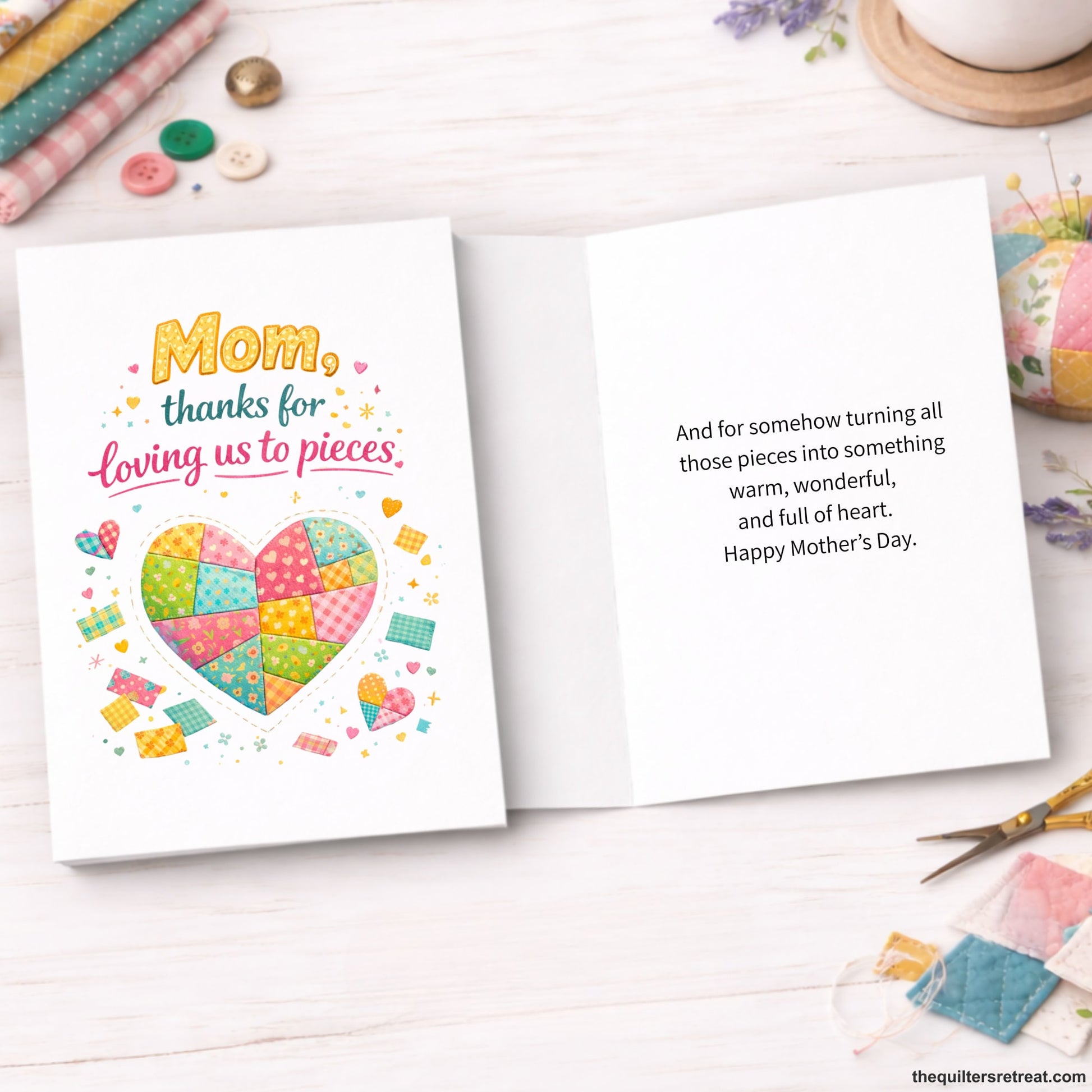 Quilter Gift: A Mother's Day Card with Patchwork heart and colorful text, playful and heartfelt, "Mom, thanks for loving us to pieces."
