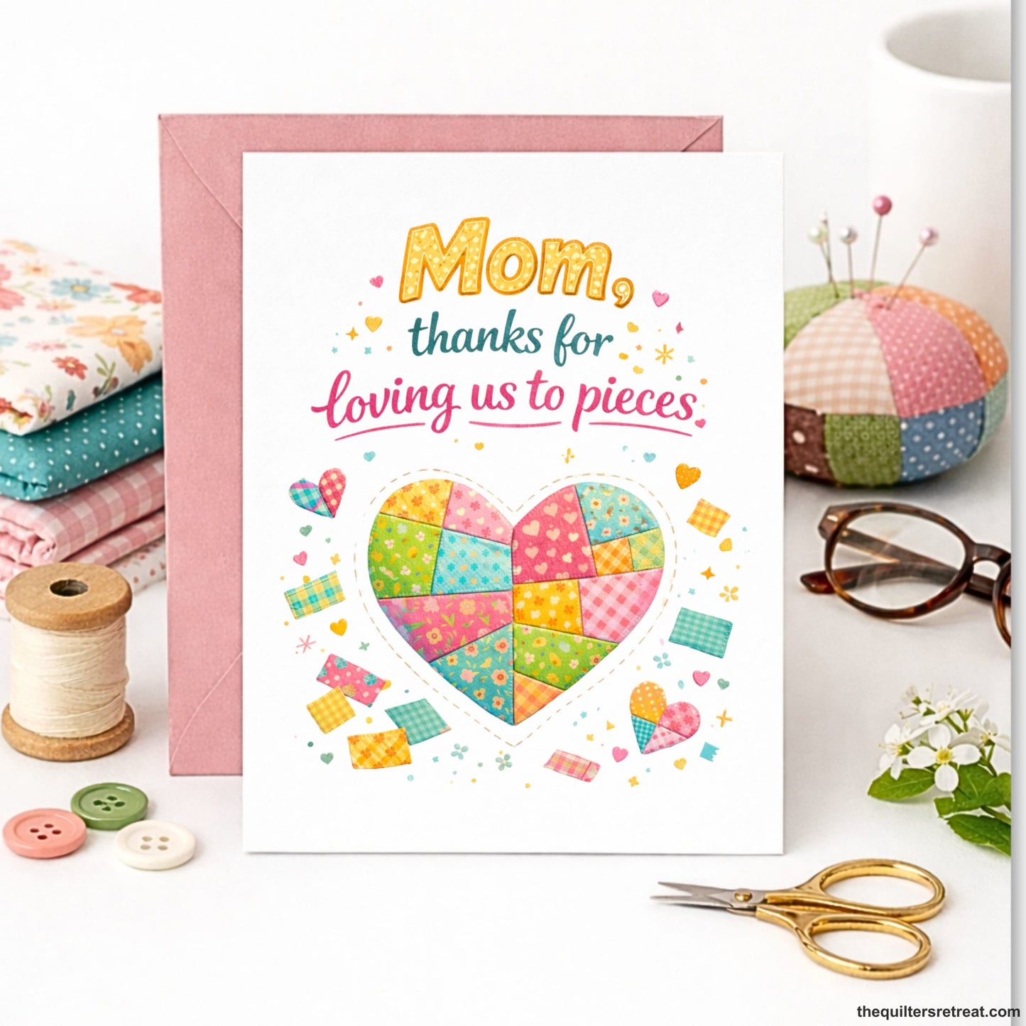Quilter Gift: A Mother's Day Card with Patchwork heart and colorful text, playful and heartfelt, "Mom, thanks for loving us to pieces."