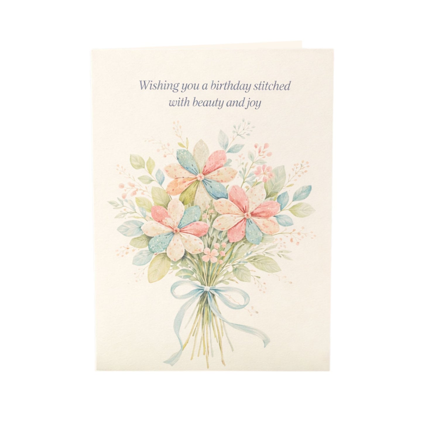 Elegant birthday card for quilters with a floral quilt-inspired bouquet and soft pastel colors.