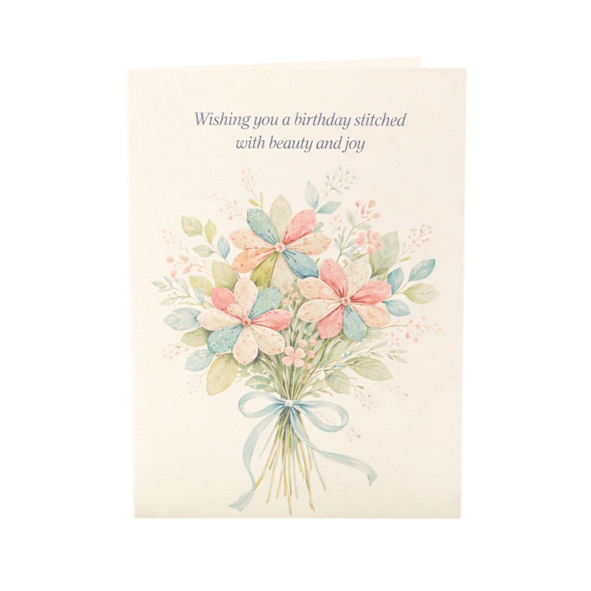 Elegant birthday card for quilters with a floral quilt-inspired bouquet and soft pastel colors.