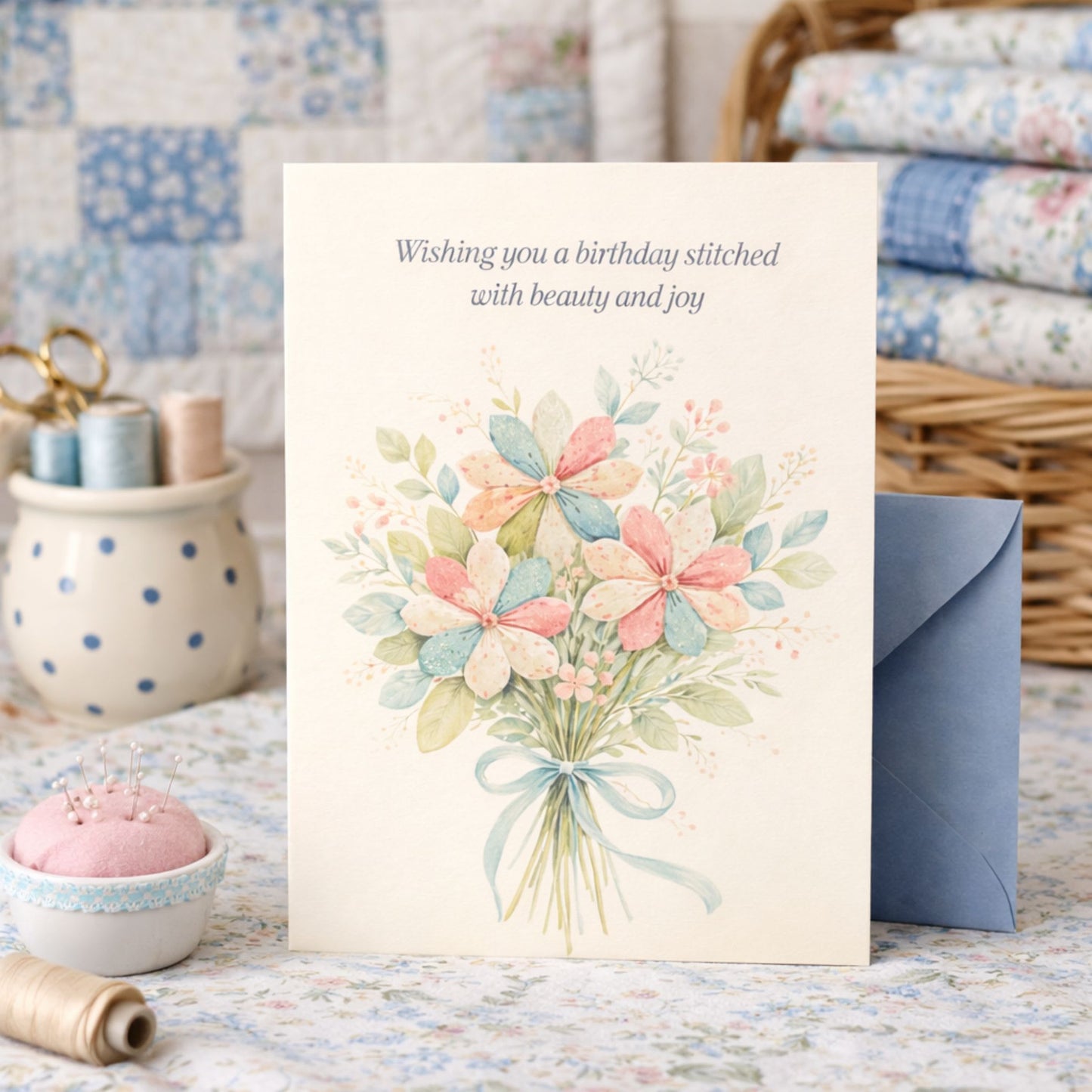 Elegant birthday card for quilters with a floral quilt-inspired bouquet and soft pastel colors.