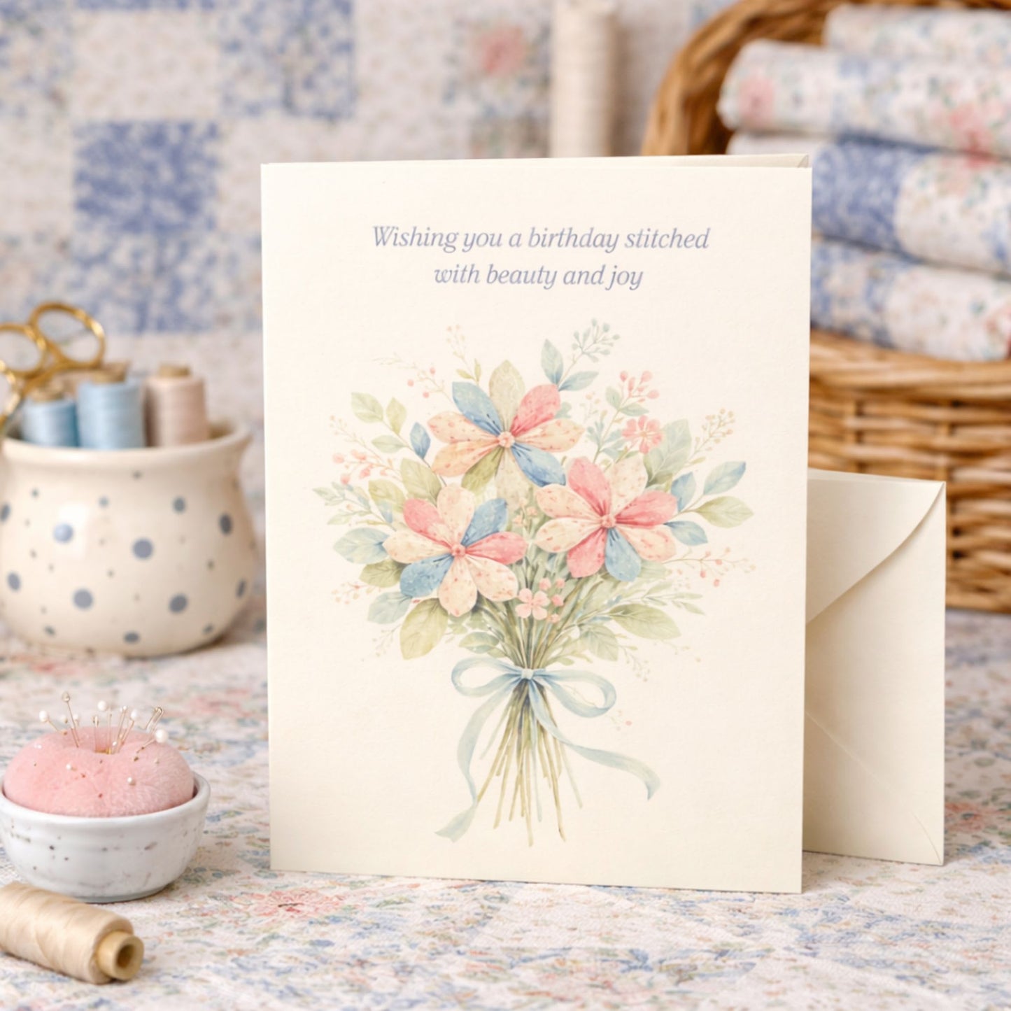 Elegant birthday card for quilters with a floral quilt-inspired bouquet and soft pastel colors.