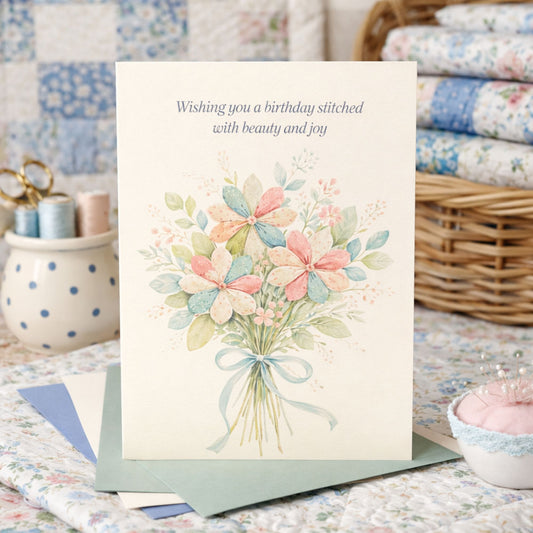 Elegant birthday card for quilters with a floral quilt-inspired bouquet and soft pastel colors.