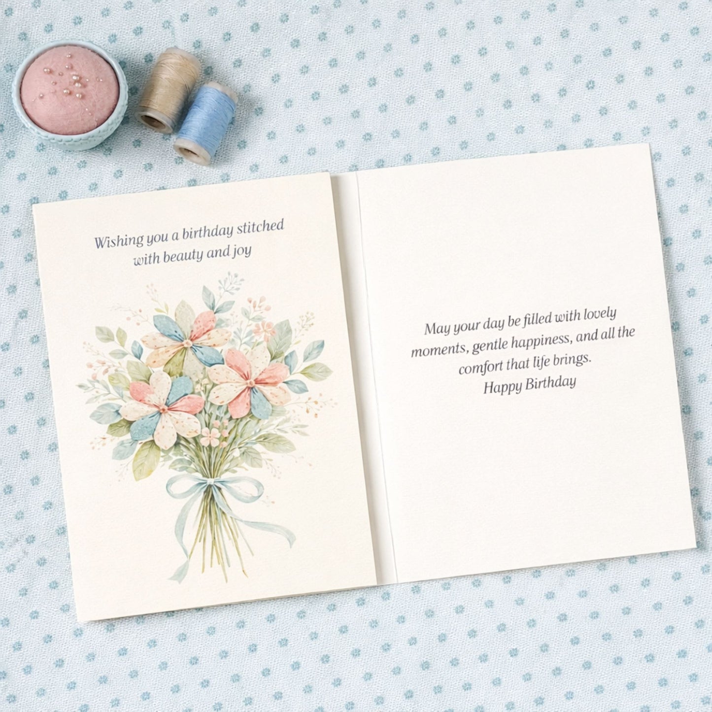 Elegant birthday card for quilters with a floral quilt-inspired bouquet and soft pastel colors.