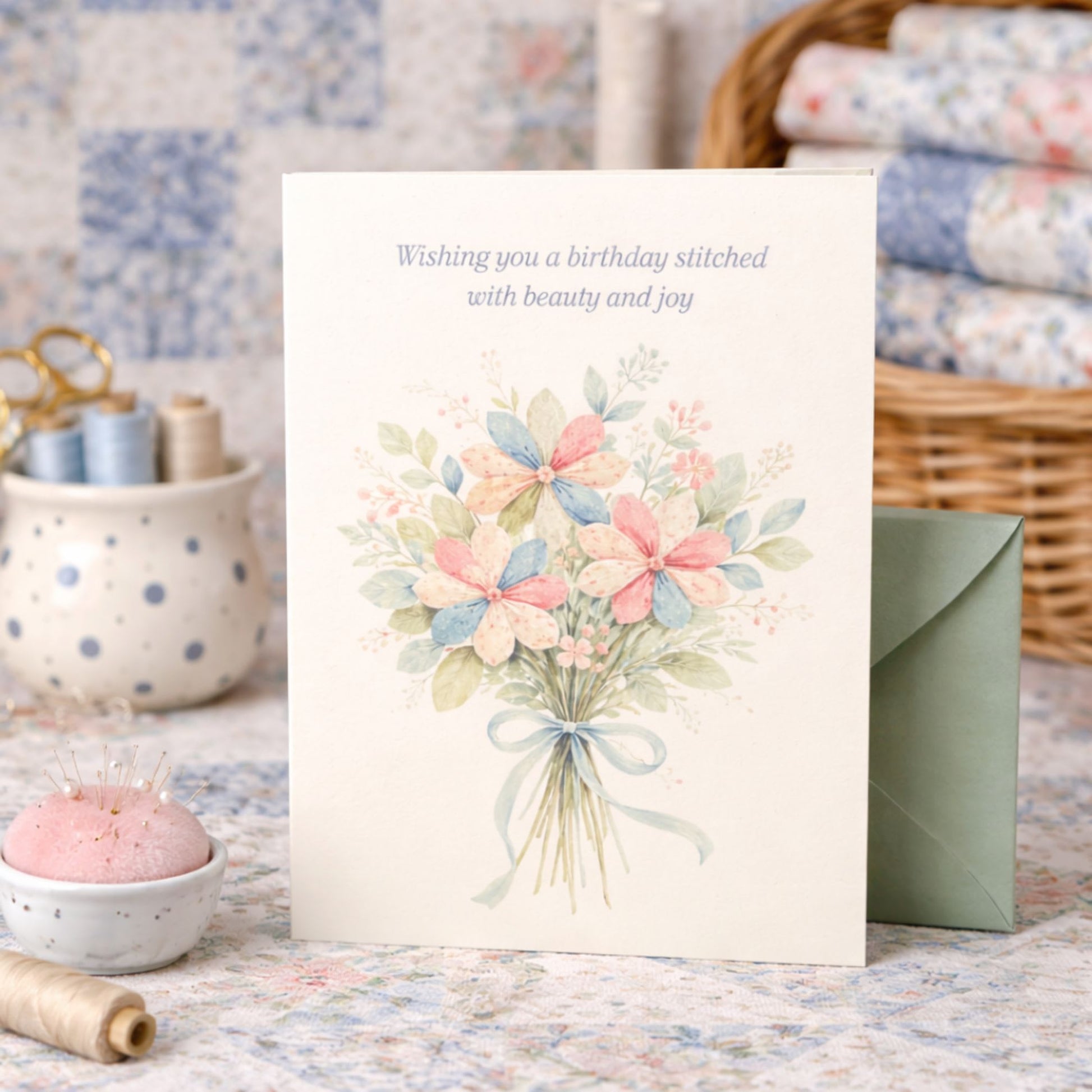 Elegant birthday card for quilters with a floral quilt-inspired bouquet and soft pastel colors.