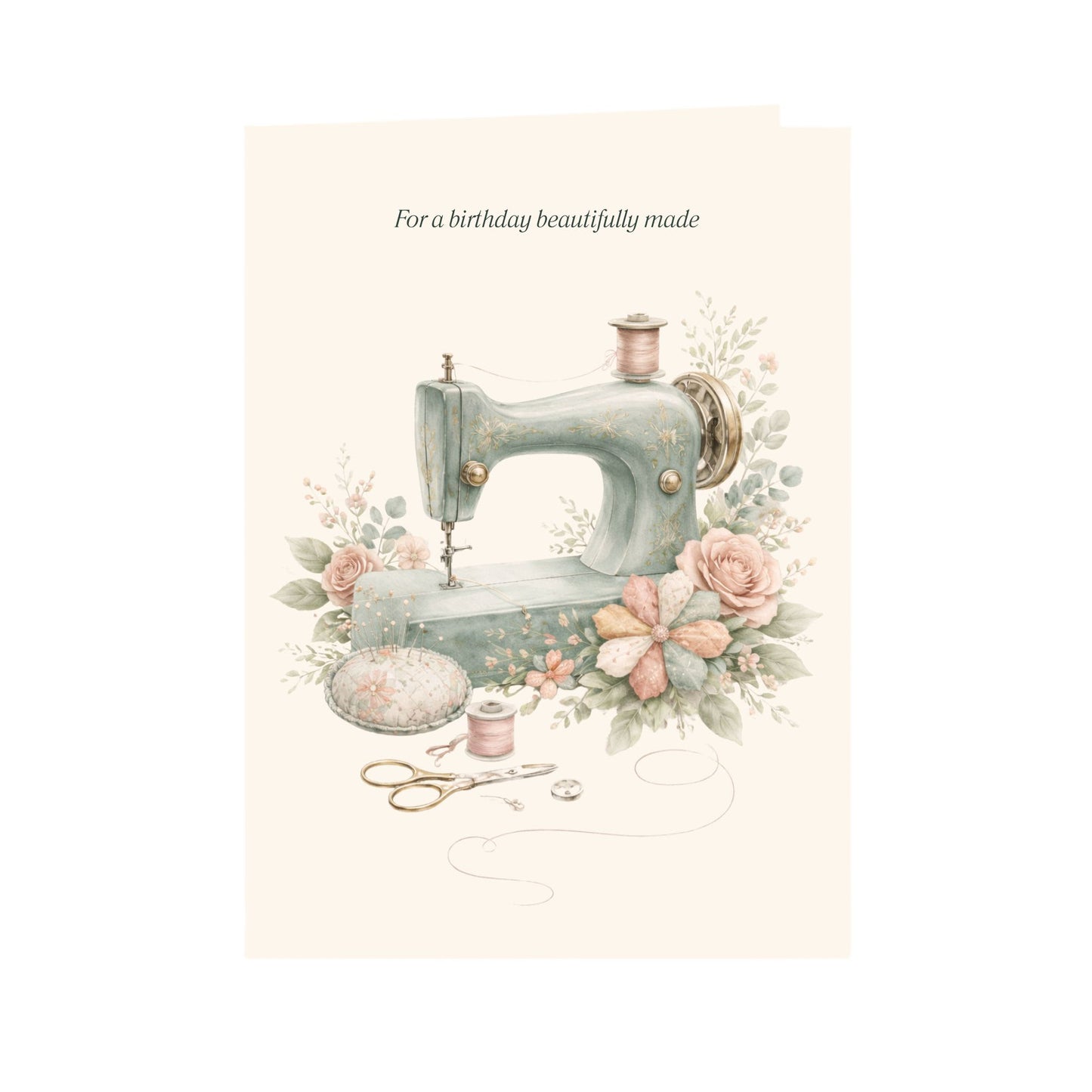 Vintage sewing machine birthday card for quilters with soft florals and elegant sewing details