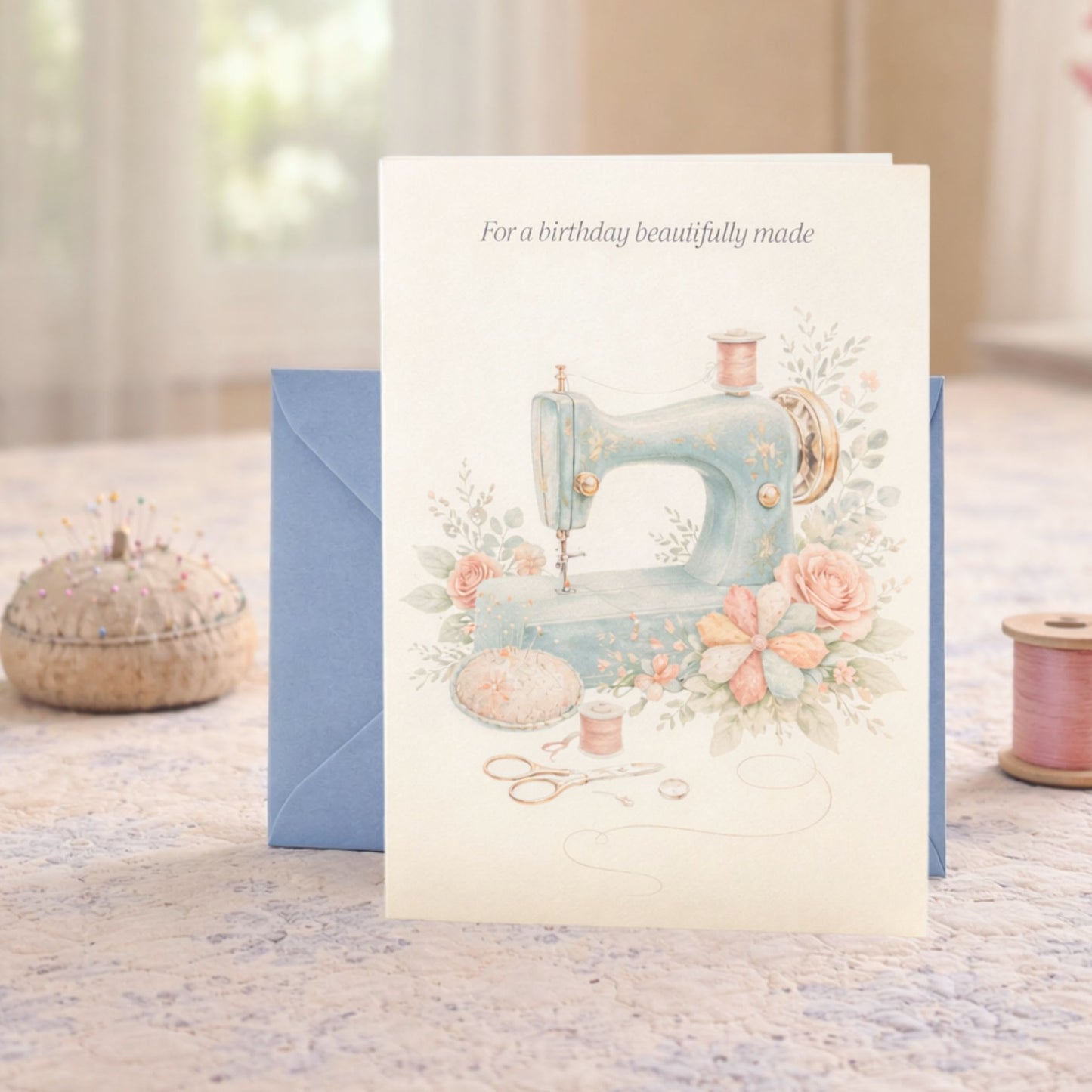 Vintage sewing machine birthday card for quilters with soft florals and elegant sewing details