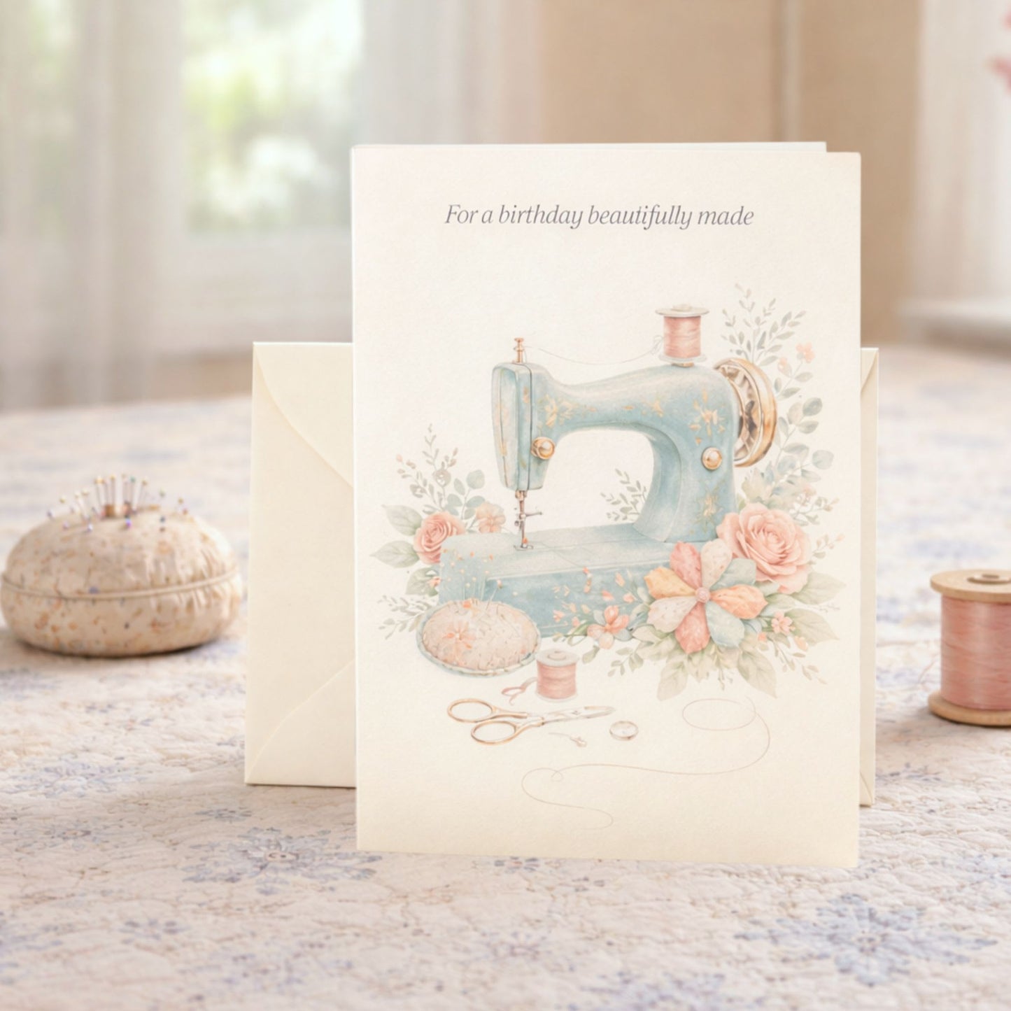 Vintage sewing machine birthday card for quilters with soft florals and elegant sewing details