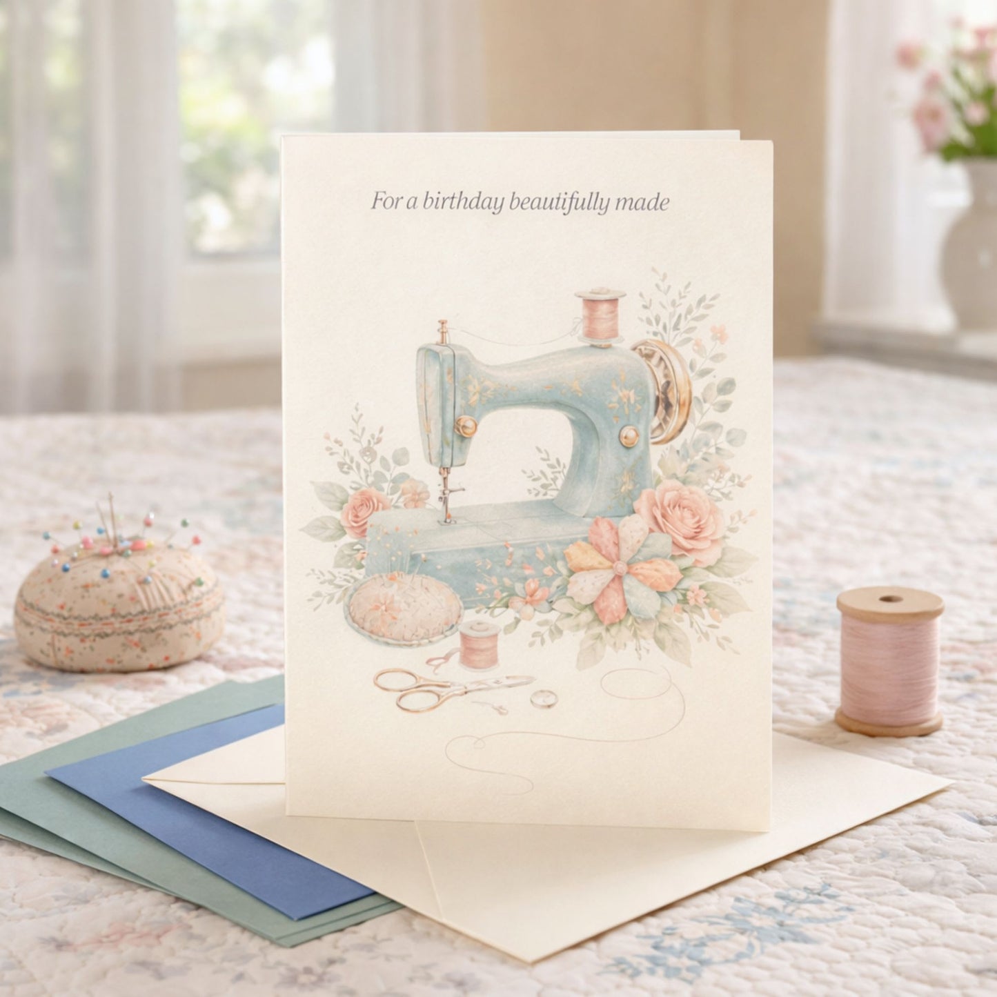 Vintage sewing machine birthday card for quilters with soft florals and elegant sewing details