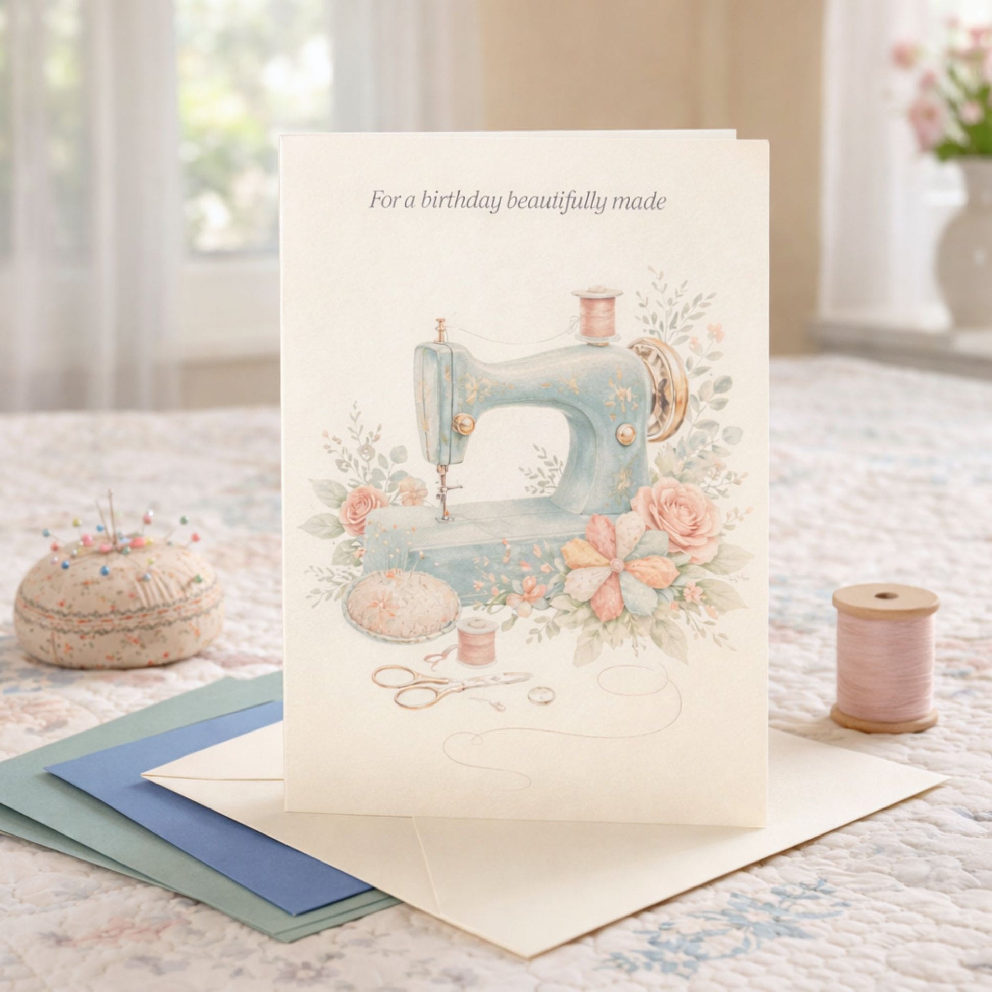 Vintage sewing machine birthday card for quilters with soft florals and elegant sewing details