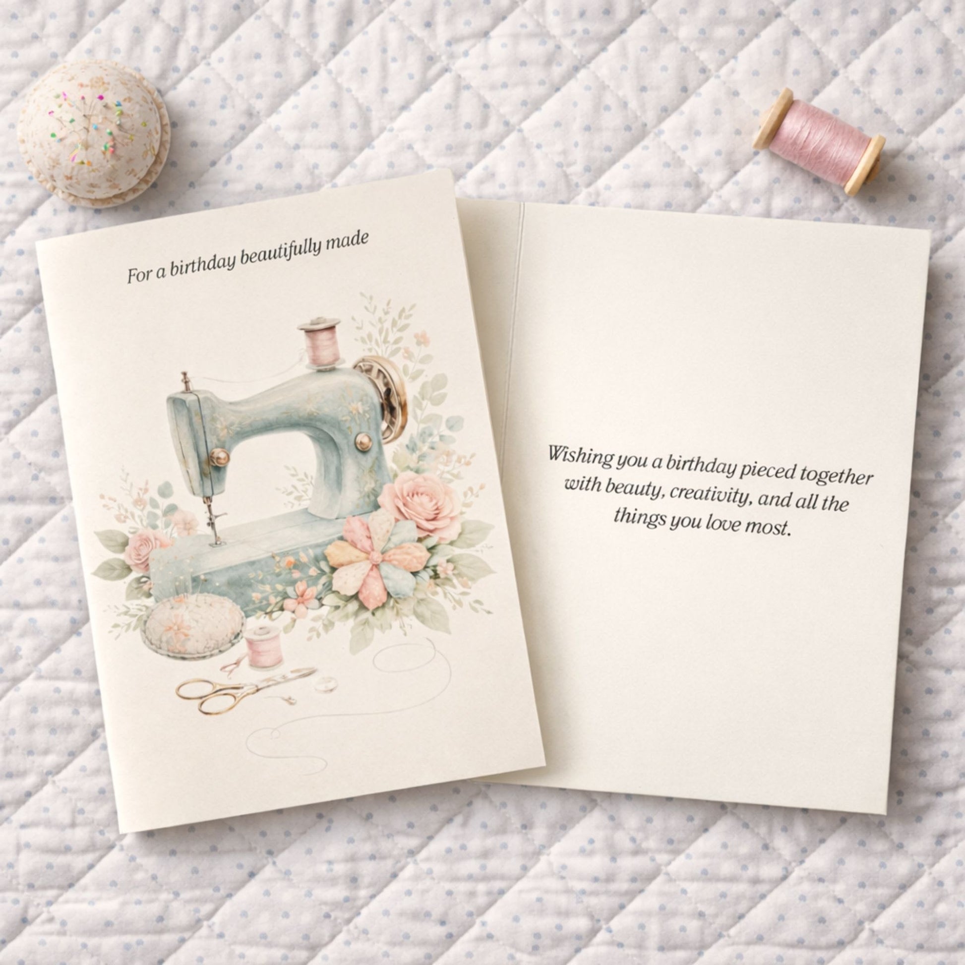 Vintage sewing machine birthday card for quilters with soft florals and elegant sewing details