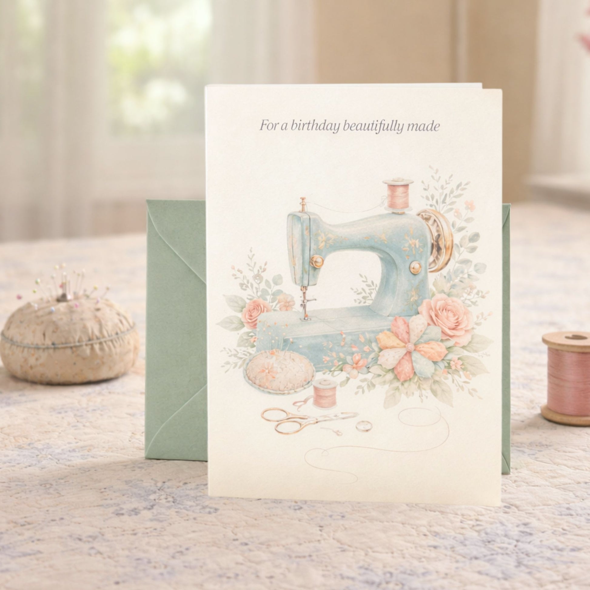 Vintage sewing machine birthday card for quilters with soft florals and elegant sewing details