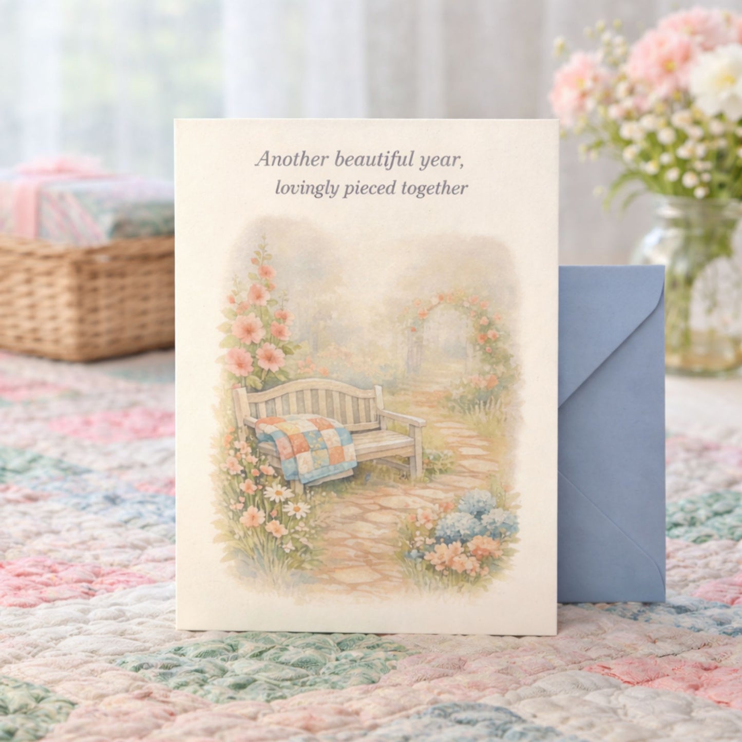 Soft birthday card for quilters featuring a garden bench, quilt, and cottage flowers.