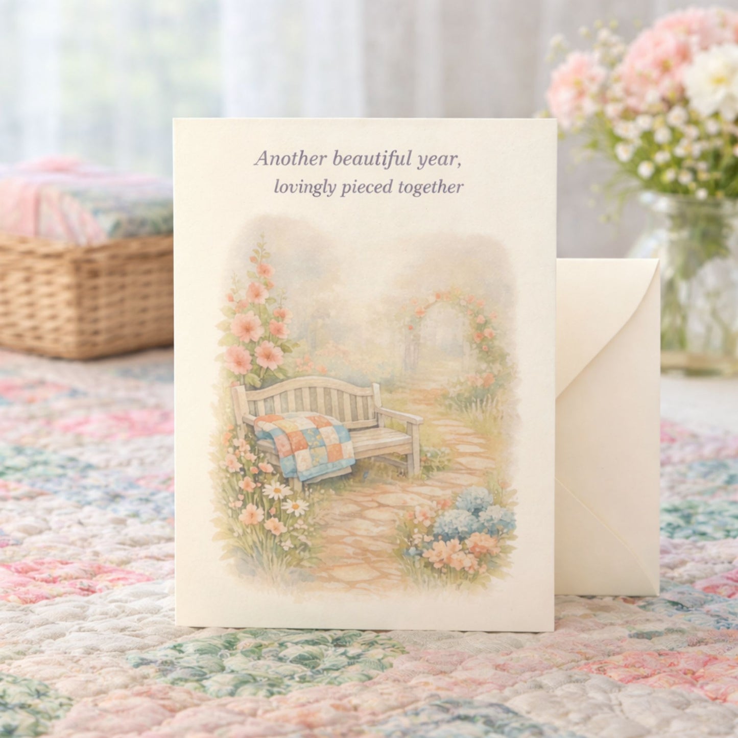 Soft birthday card for quilters featuring a garden bench, quilt, and cottage flowers.