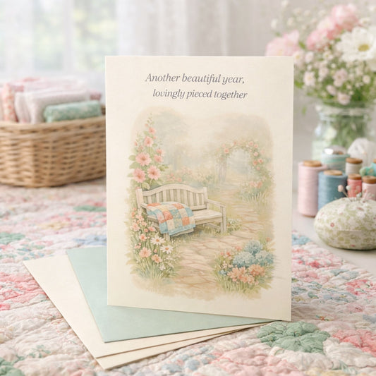 Soft birthday card for quilters featuring a garden bench, quilt, and cottage flowers.
