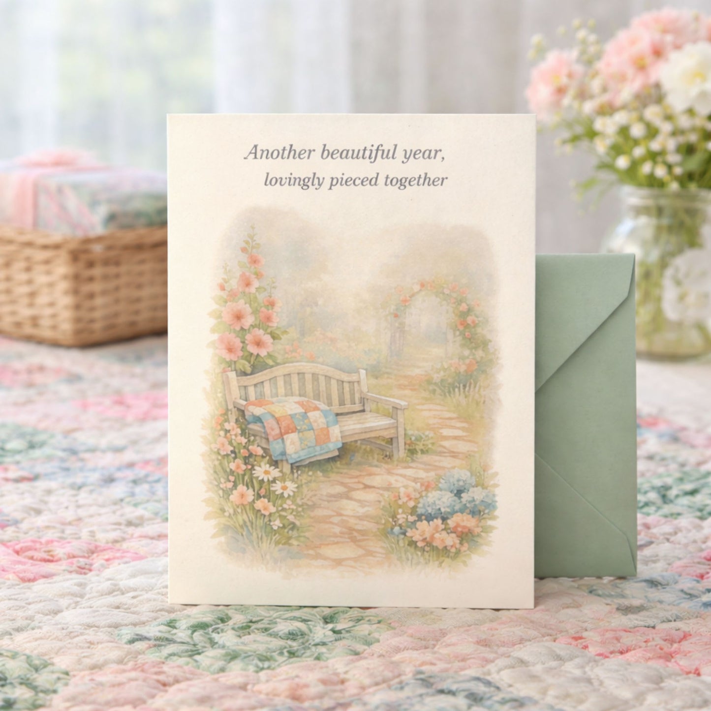Soft birthday card for quilters featuring a garden bench, quilt, and cottage flowers.