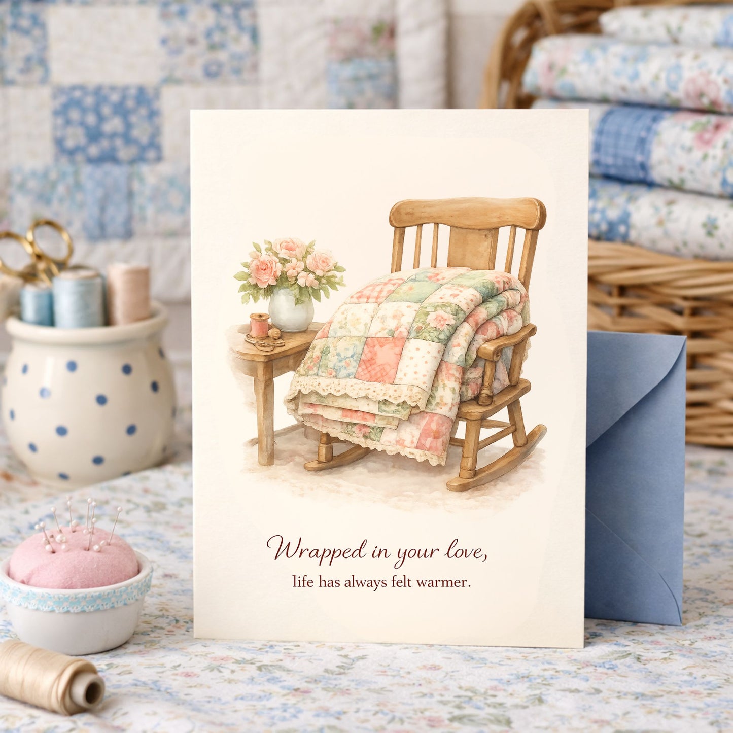 Quilter Gift: A Mother's Day Card - Soft with Wooden rocking chair with quilt and flowers, cozy vintage feel, "Wrapped in your love" text.