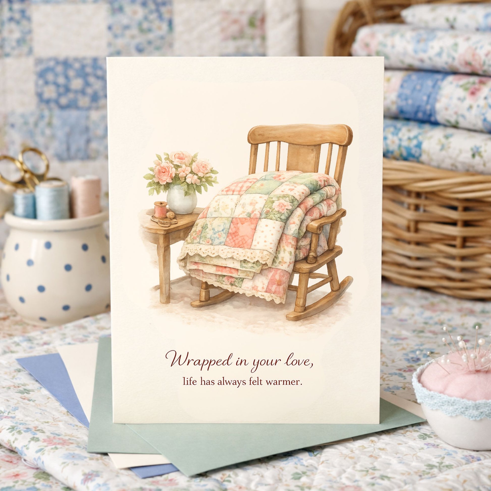 Quilter Gift: A Mother's Day Card - Soft with Wooden rocking chair with quilt and flowers, cozy vintage feel, "Wrapped in your love" text.
