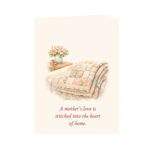 Quilter Gift: A Mother's Day Card - Soft with Patchwork quilt with floral patterns, vintage style, roses and sewing accessories nearby.