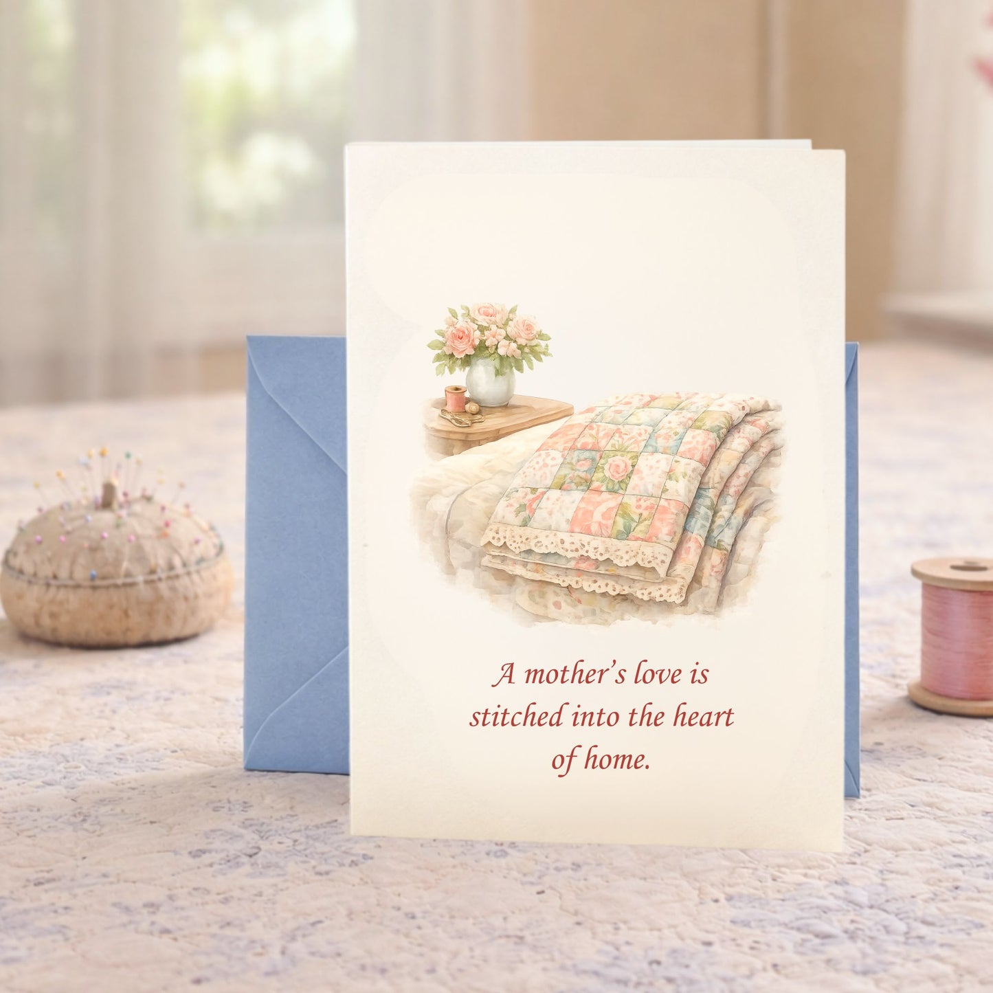 Quilter Gift: A Mother's Day Card - Soft with Patchwork quilt with floral patterns, vintage style, roses and sewing accessories nearby.