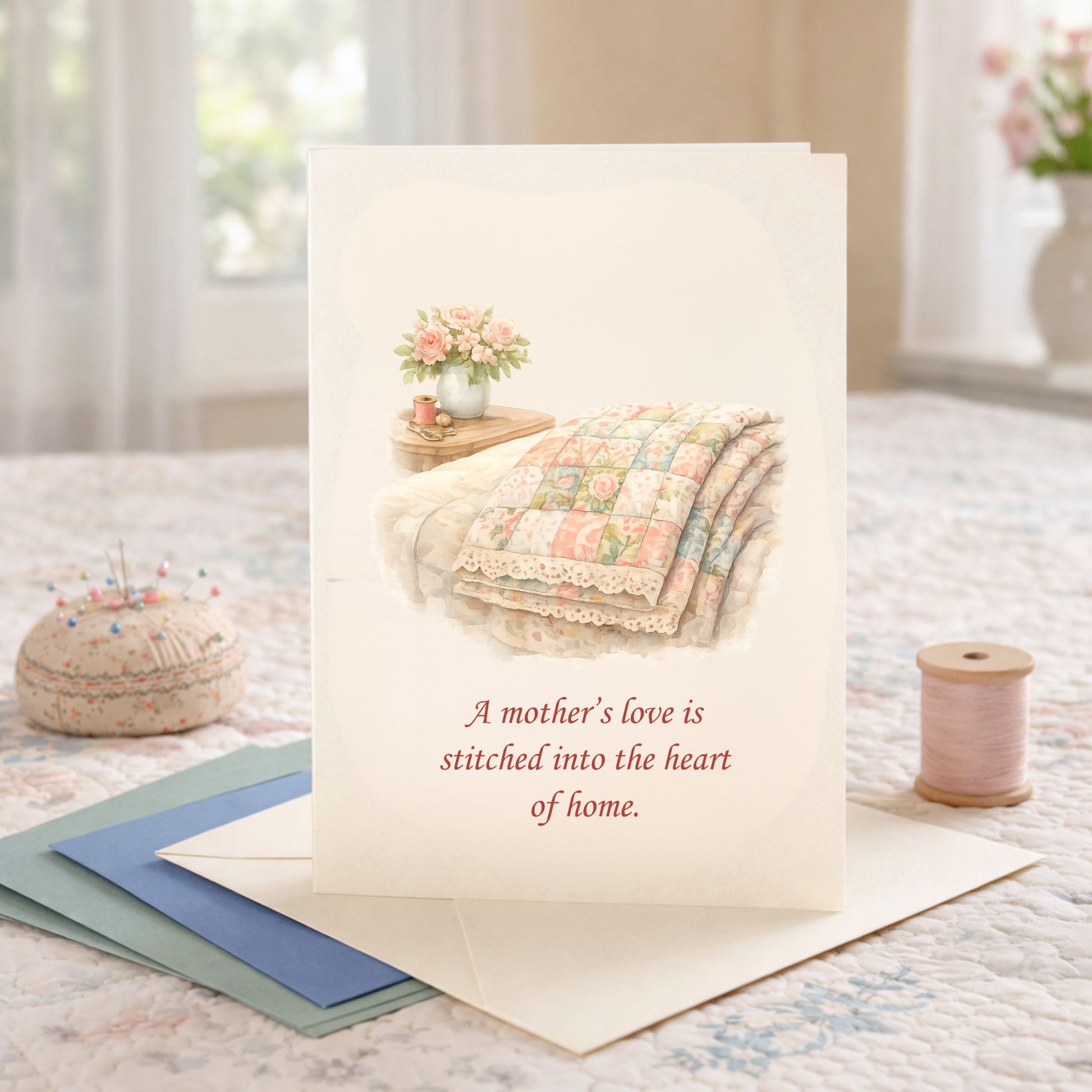 Quilter Gift: A Mother's Day Card - Soft with Patchwork quilt with floral patterns, vintage style, roses and sewing accessories nearby.