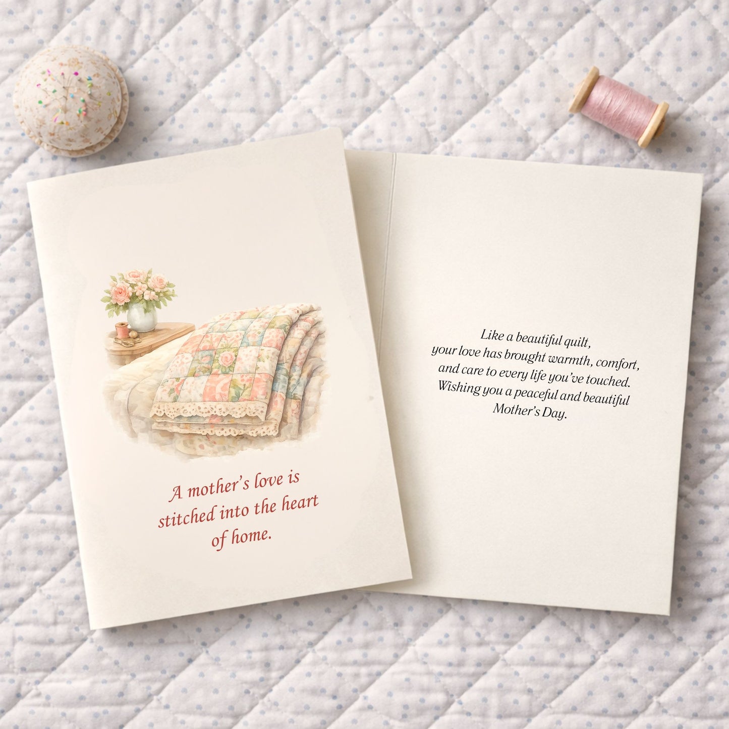 Quilter Gift: A Mother's Day Card - Soft with Patchwork quilt with floral patterns, vintage style, roses and sewing accessories nearby.