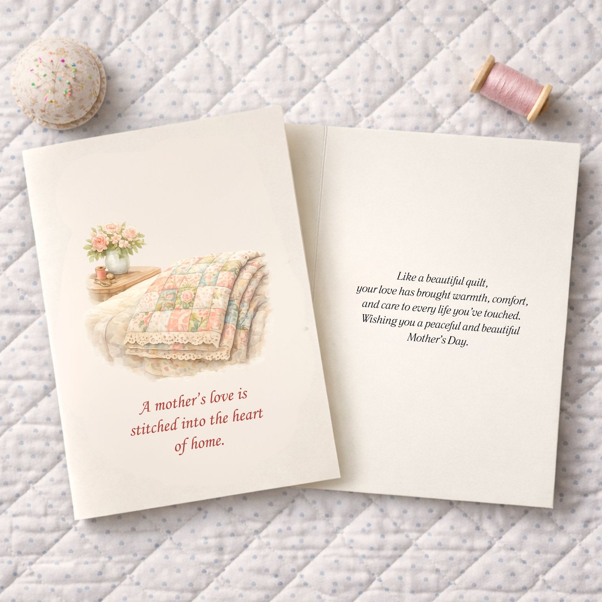 Quilter Gift: A Mother's Day Card - Soft with Patchwork quilt with floral patterns, vintage style, roses and sewing accessories nearby.