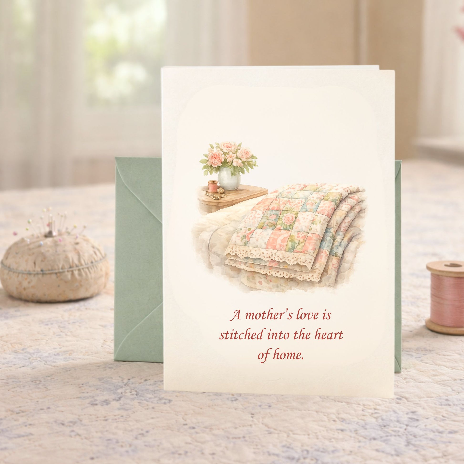 Quilter Gift: A Mother's Day Card - Soft with Patchwork quilt with floral patterns, vintage style, roses and sewing accessories nearby.