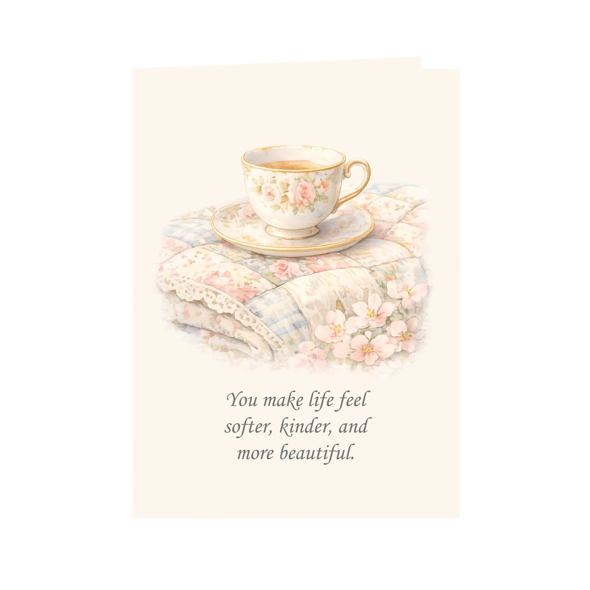 Quilter Gift: A Mother's Day Card - Soft with Delicate floral teacup on pastel quilt, vintage watercolor style.